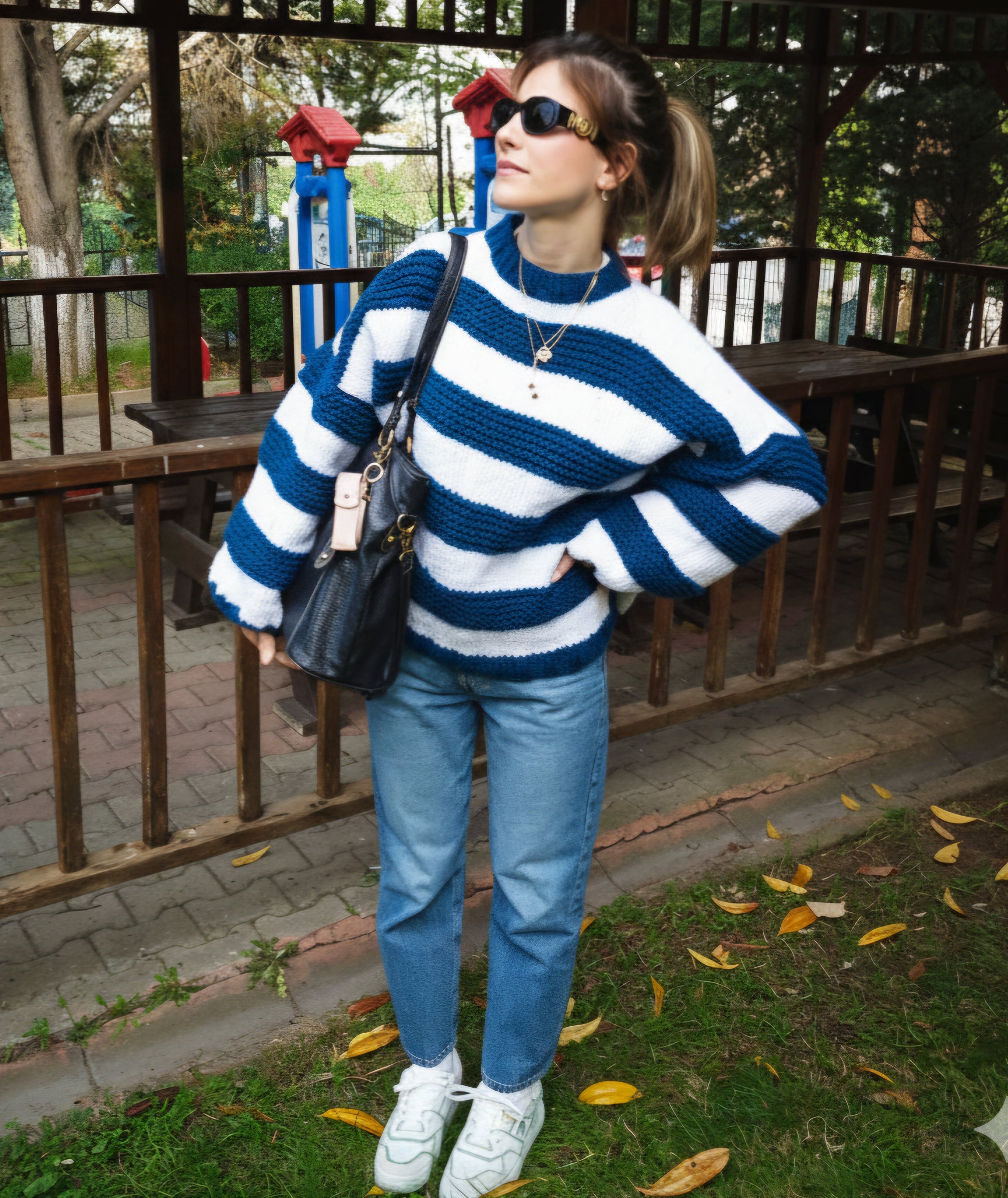 Handmade Extra Chunky Oversized “Cloud” Sweater with Bold Navy & White Stripes – MIRMIKA Hand-Knitted Mega Thick Yarn Knitwear, Puffy Balloon Sleeve Statement Sweater, Cozy Luxury Slow Fashion