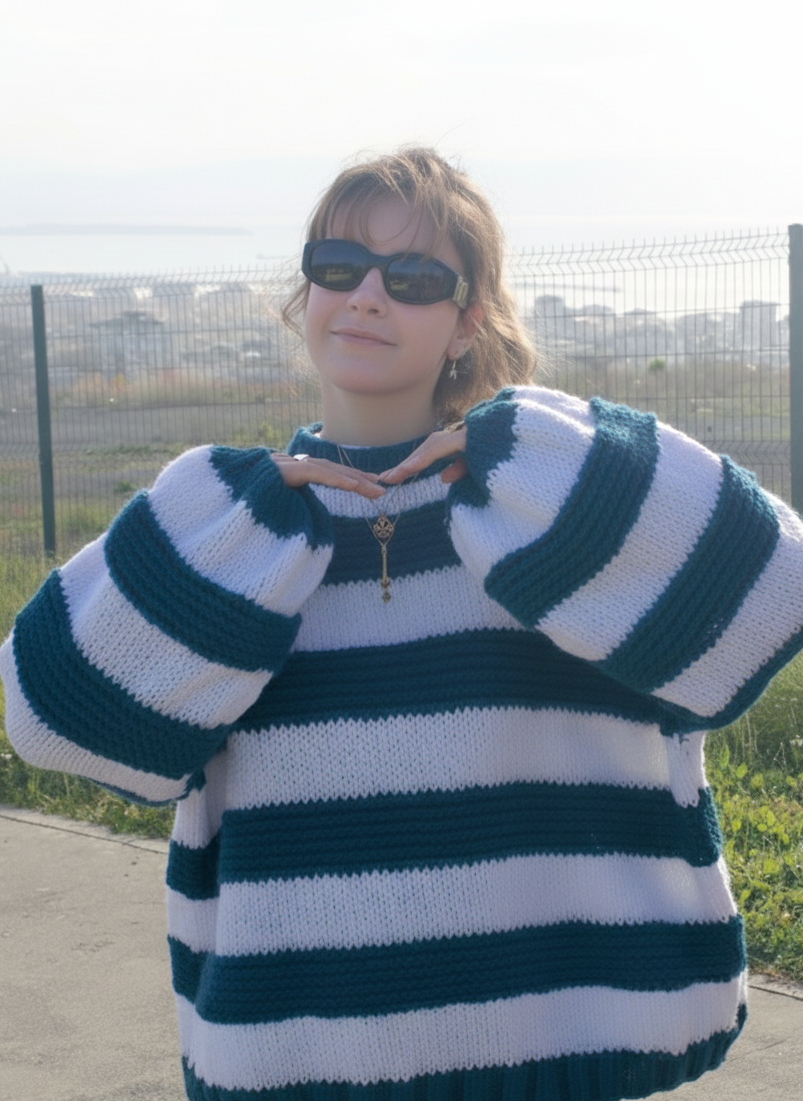 Handmade Extra Chunky Oversized “Cloud” Sweater with Bold Navy & White Stripes – MIRMIKA Hand-Knitted Mega Thick Yarn Knitwear, Puffy Balloon Sleeve Statement Sweater, Cozy Luxury Slow Fashion