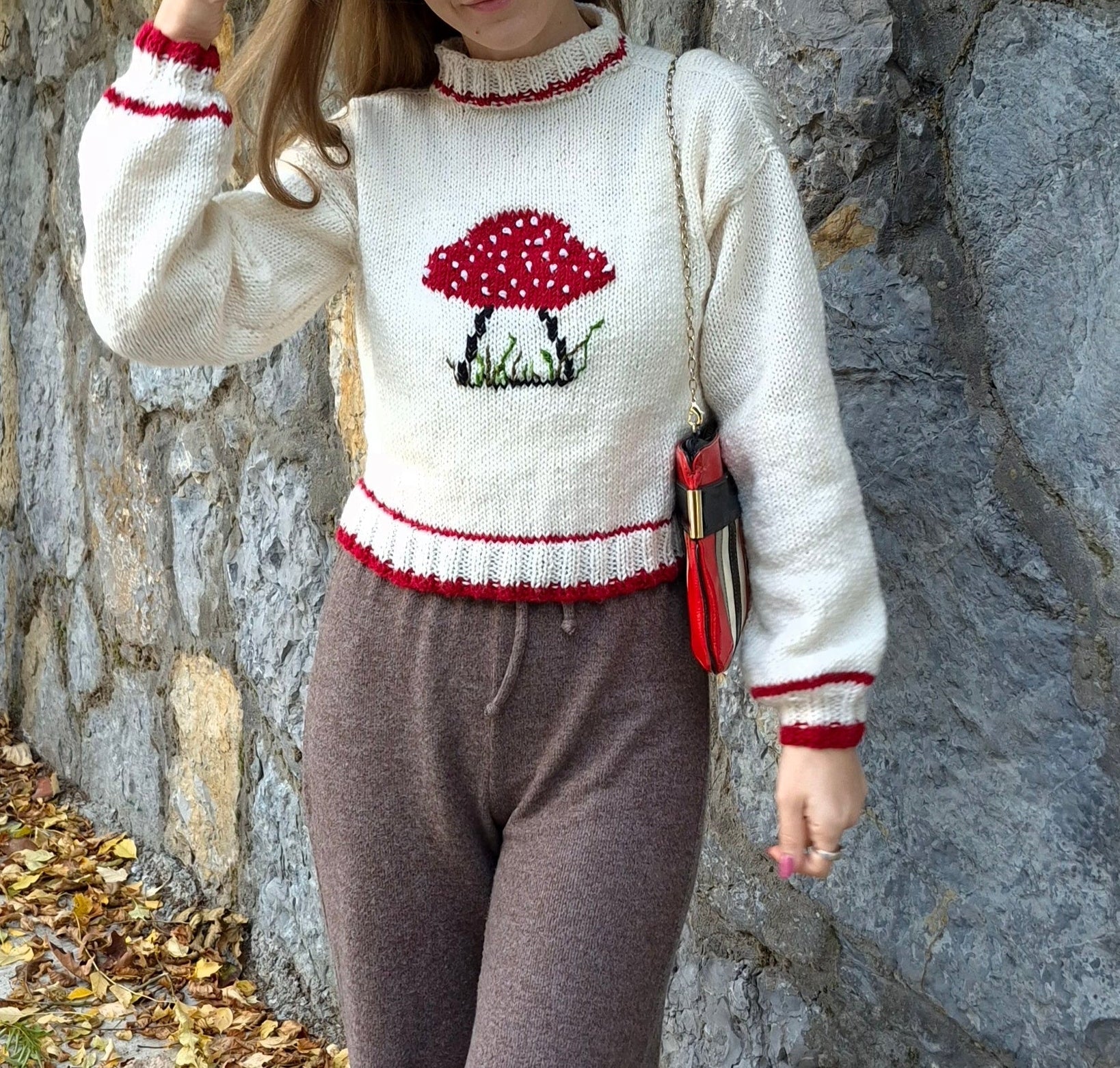 Whimsical Cottagecore Handknit Sweater with Mushroom Embroidery – Soft Ecru Wool-Blend Knit, Lightweight Handmade Pullover, Cozy Layering Sweater for Cute Pastel Fashion, Nature-Inspired Knitwear