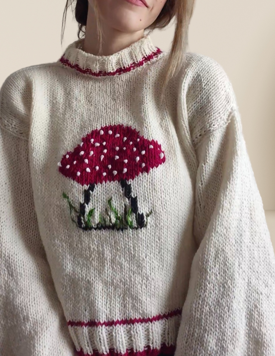 Whimsical Cottagecore Handknit Sweater with Mushroom Embroidery – Soft Ecru Wool-Blend Knit, Lightweight Handmade Pullover, Cozy Layering Sweater for Cute Pastel Fashion, Nature-Inspired Knitwear
