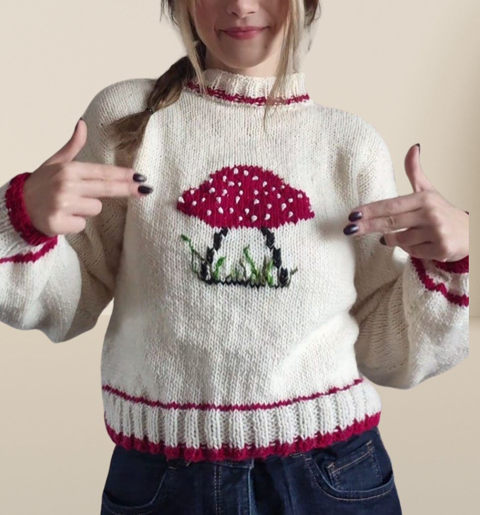 Whimsical Cottagecore Handknit Sweater with Mushroom Embroidery – Soft Ecru Wool-Blend Knit, Lightweight Handmade Pullover, Cozy Layering Sweater for Cute Pastel Fashion, Nature-Inspired Knitwear