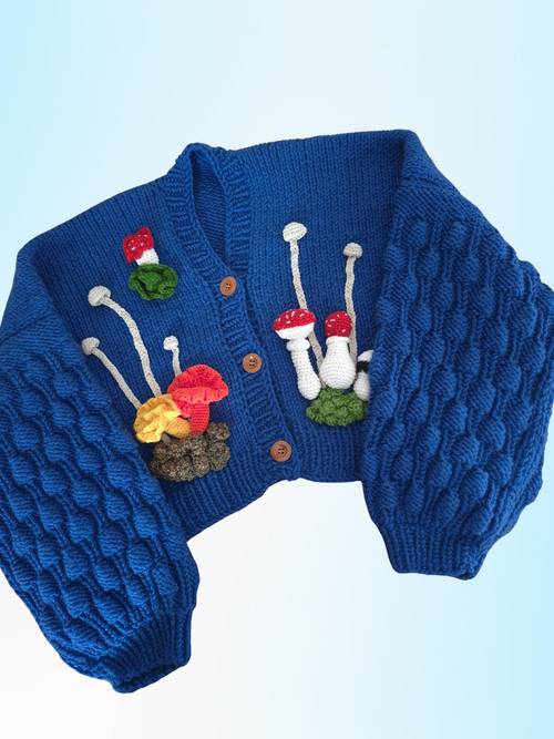 Chunky Blue Handknitted Cardigan with 3D Amigurumi Mushrooms & Moss – Oversized Soft Girl Knitwear, Cottagecore Crochet Pullover, Bobble Sleeves, Cozy Handmade Statement Sweater, Bright Vibrant Fashion Layering Piece
