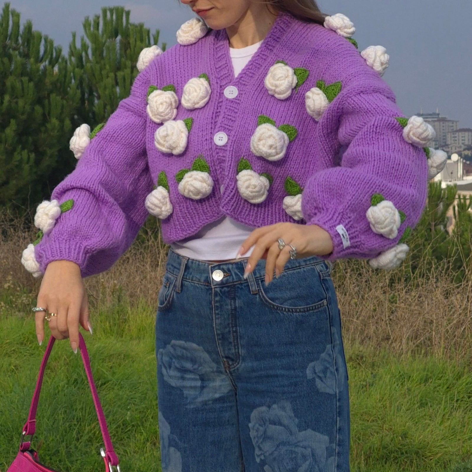 Chunky Lavender Handknitted Cardigan with 3D White Roses & Mushrooms – Oversized Soft Girl Knitwear, Handmade Crochet Pullover, Bobble Sleeves, Cozy Cottagecore Layering Sweater, Artisan Handmade Knit, Gift for Her