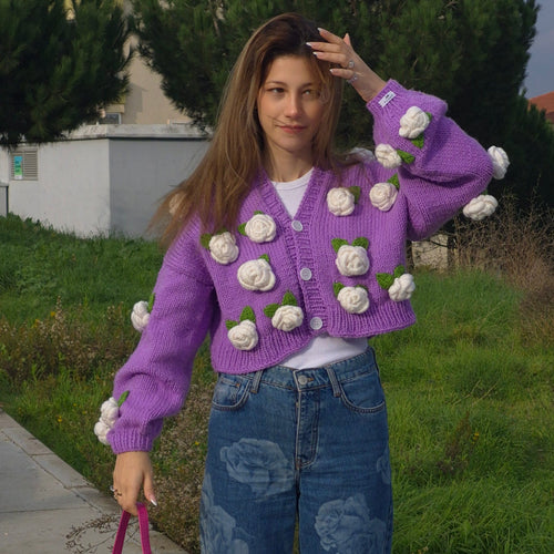 Chunky Lavender Handknitted Cardigan with 3D White Roses & Mushrooms – Oversized Soft Girl Knitwear, Handmade Crochet Pullover, Bobble Sleeves, Cozy Cottagecore Layering Sweater, Artisan Handmade Knit, Gift for Her