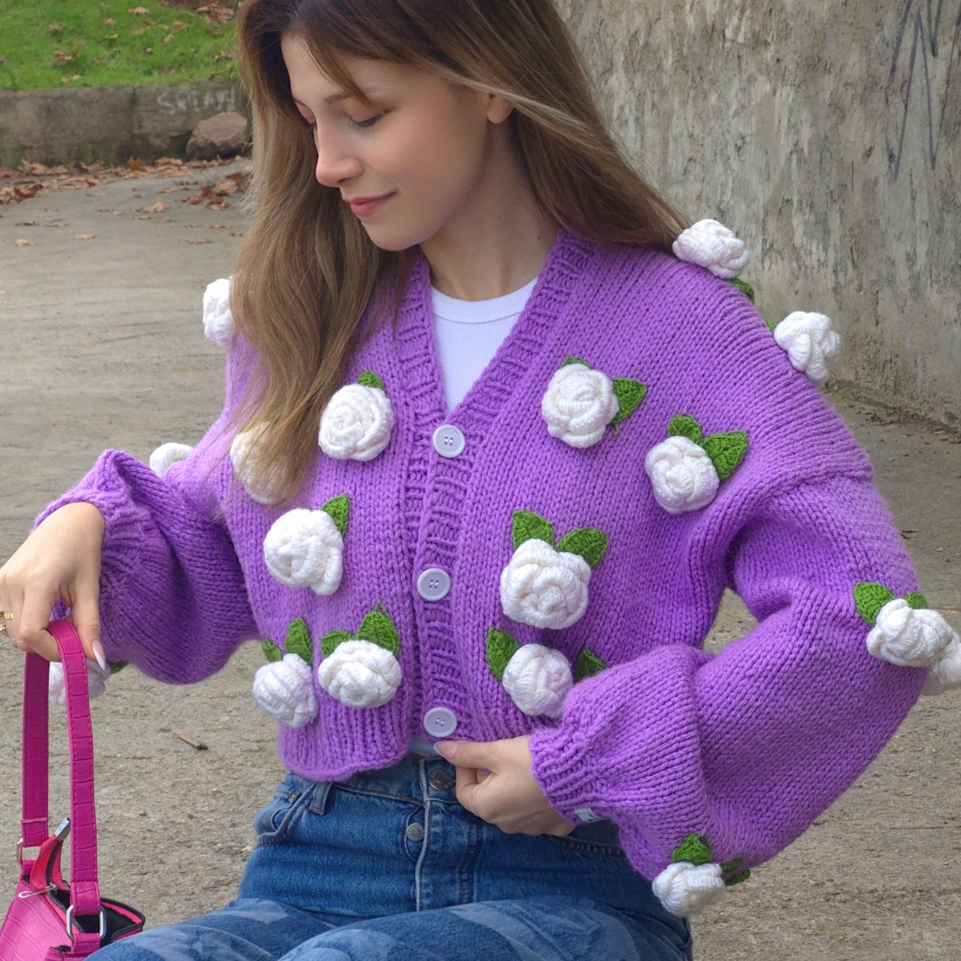 Chunky Lavender Handknitted Cardigan with 3D White Roses & Mushrooms – Oversized Soft Girl Knitwear, Handmade Crochet Pullover, Bobble Sleeves, Cozy Cottagecore Layering Sweater, Artisan Handmade Knit, Gift for Her