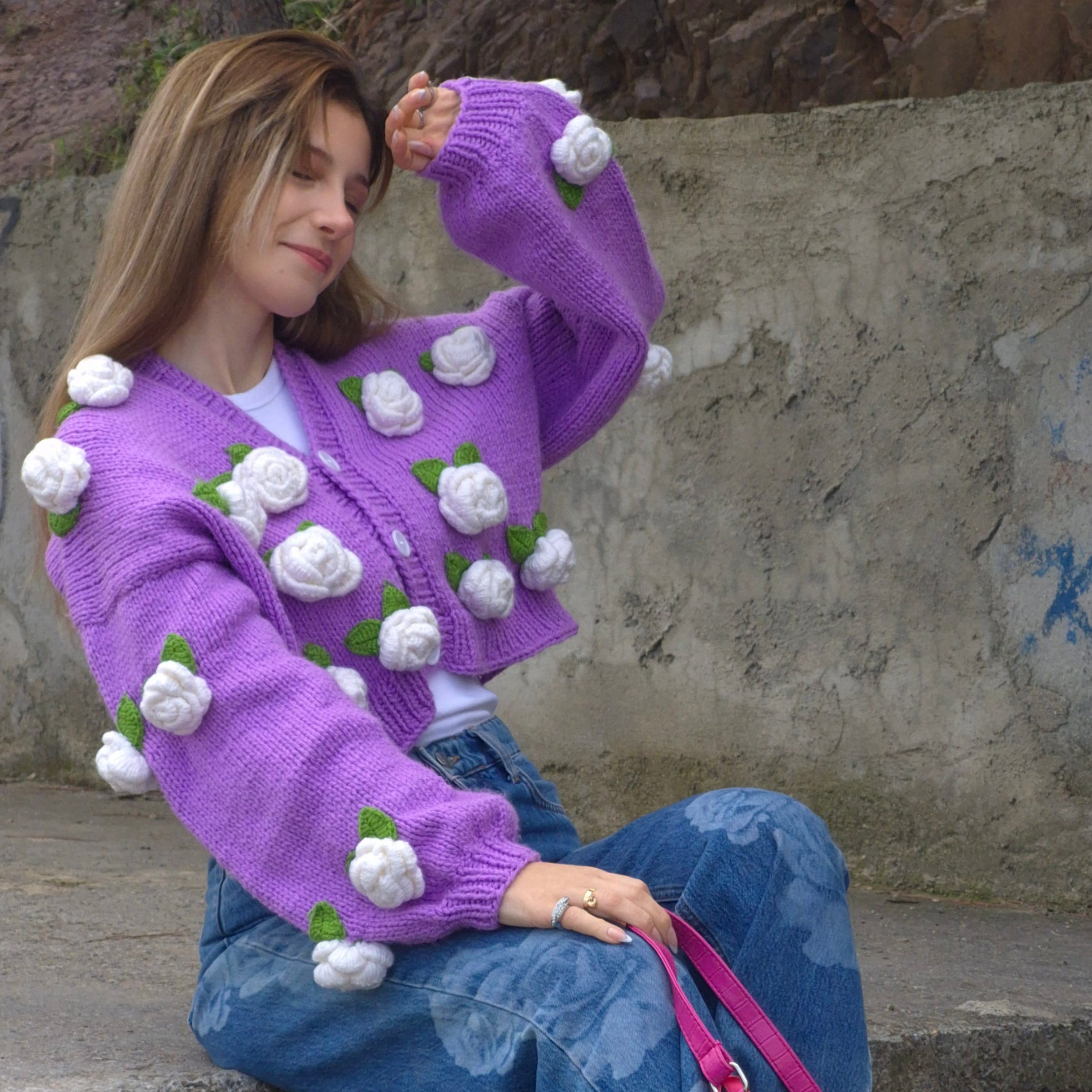 Chunky Lavender Handknitted Cardigan with 3D White Roses & Mushrooms – Oversized Soft Girl Knitwear, Handmade Crochet Pullover, Bobble Sleeves, Cozy Cottagecore Layering Sweater, Artisan Handmade Knit, Gift for Her