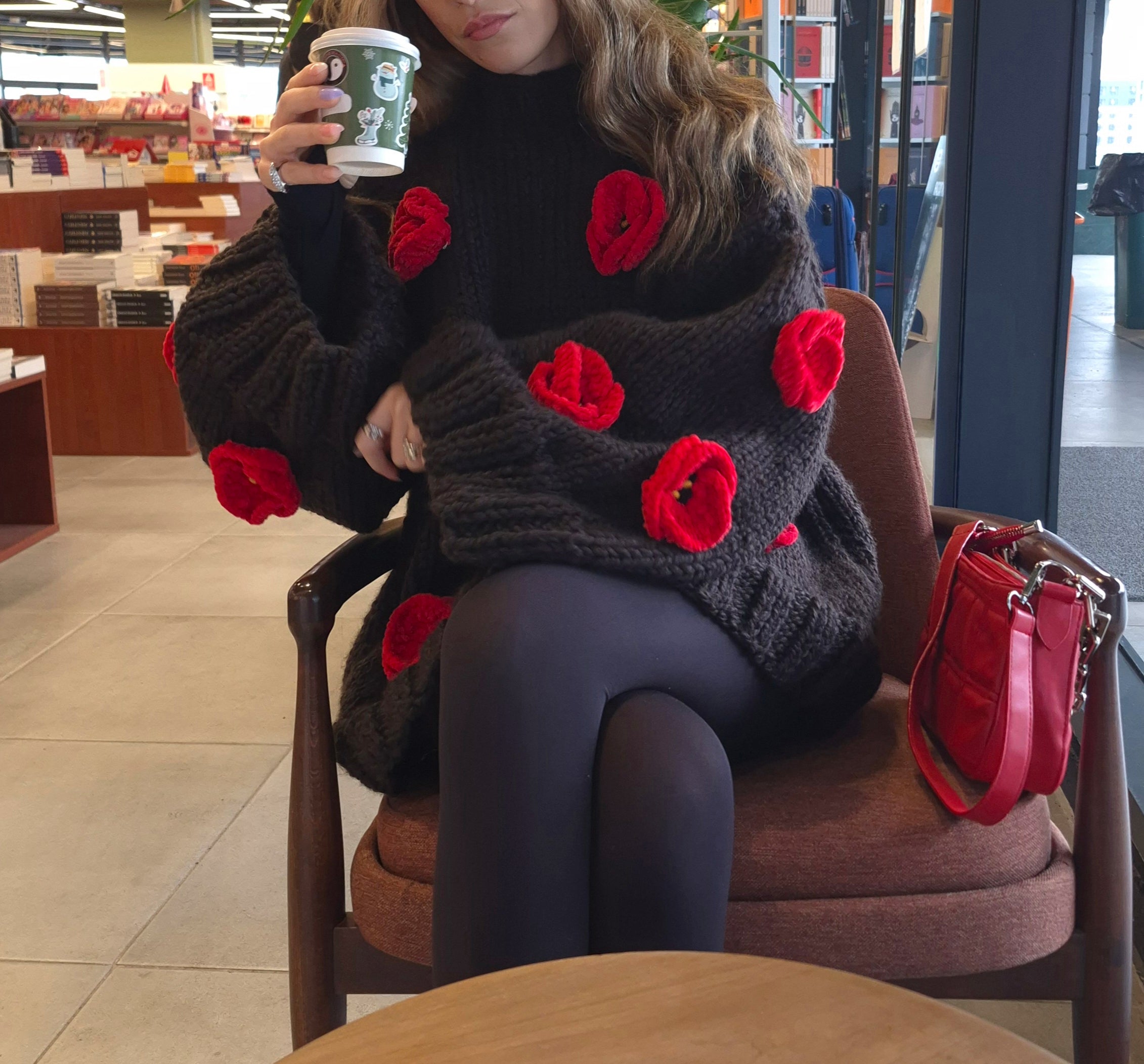 Hand-Knitted Chunky Oversized Bitter-Brown Long Sweater Dress with Bright Red Crocheted Poppy Flowers, Cozy Wool Blend Handmade Winter Knitwear, Thick Yarn Cottagecore Boho Aesthetic Oversized Knit Dress for Cold Weather