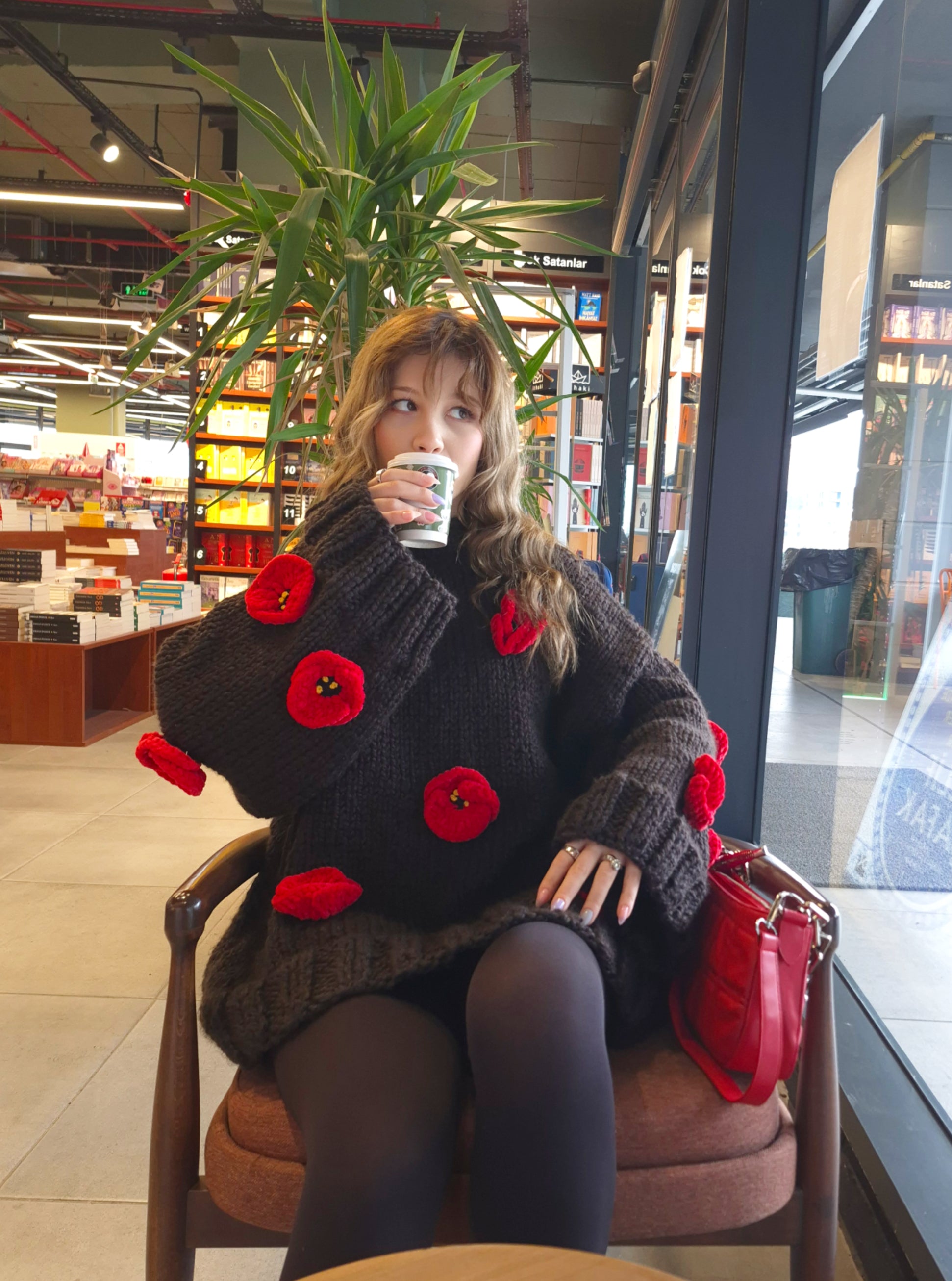 Hand-Knitted Chunky Oversized Bitter-Brown Long Sweater Dress with Bright Red Crocheted Poppy Flowers, Cozy Wool Blend Handmade Winter Knitwear, Thick Yarn Cottagecore Boho Aesthetic Oversized Knit Dress for Cold Weather