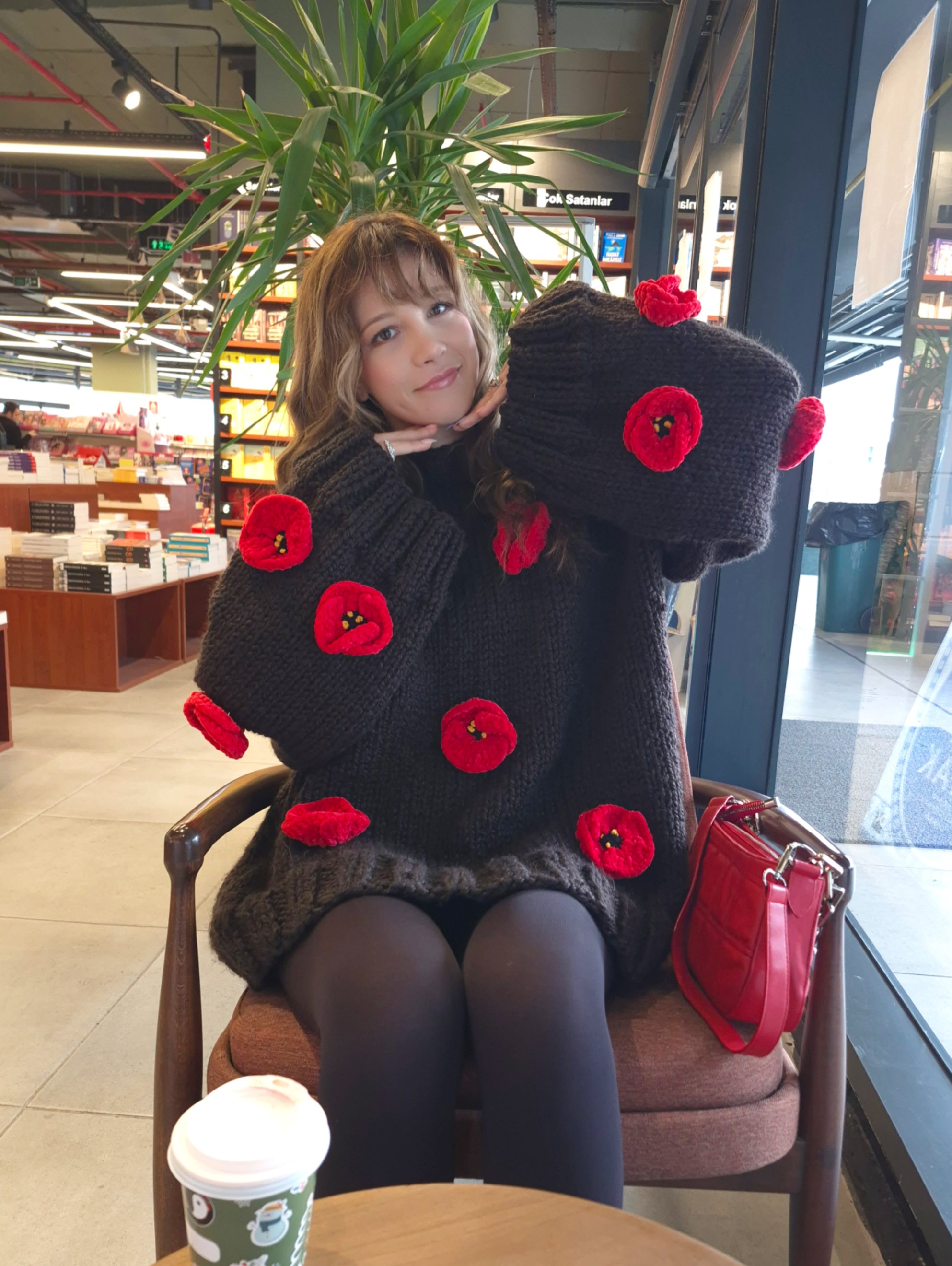 Hand-Knitted Chunky Oversized Bitter-Brown Long Sweater Dress with Bright Red Crocheted Poppy Flowers, Cozy Wool Blend Handmade Winter Knitwear, Thick Yarn Cottagecore Boho Aesthetic Oversized Knit Dress for Cold Weather