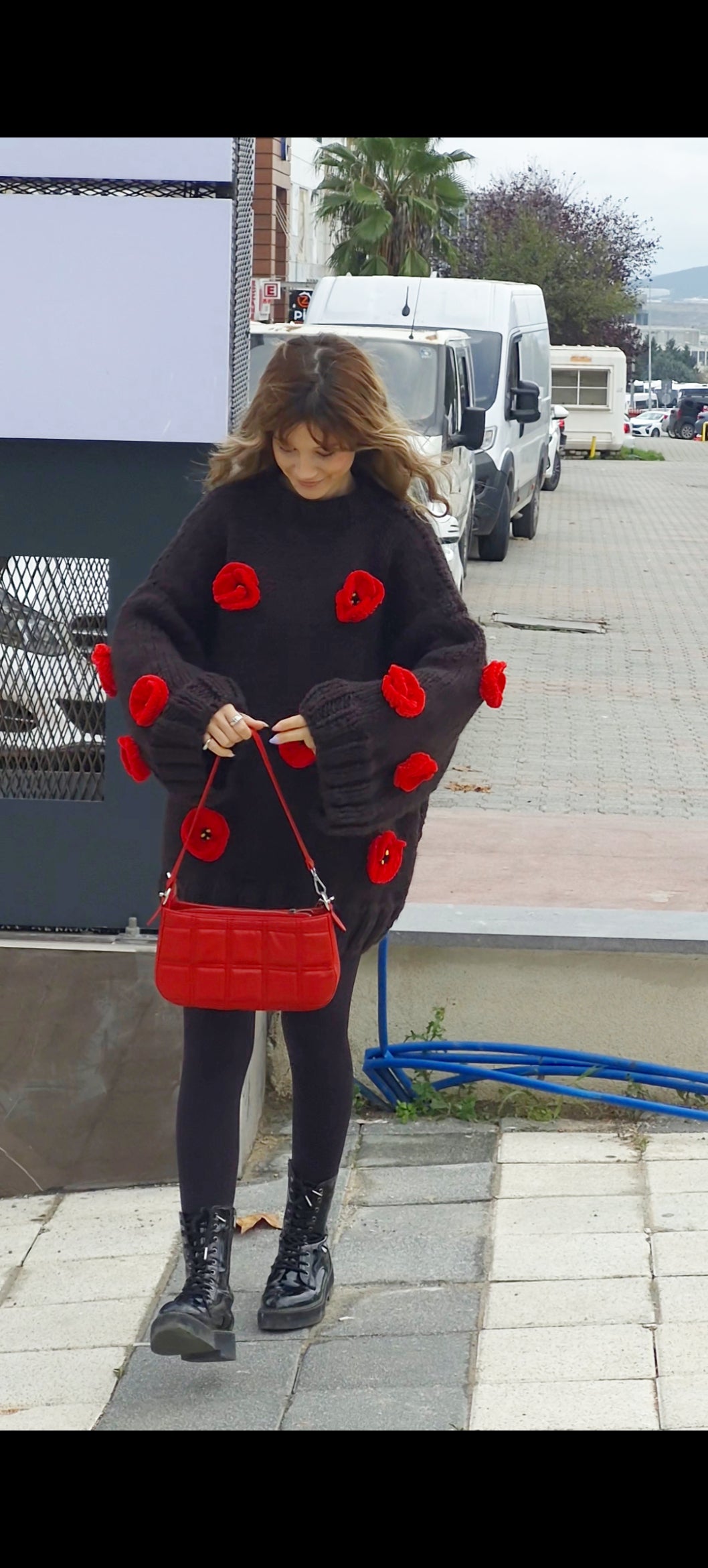 Hand-Knitted Chunky Oversized Bitter-Brown Long Sweater Dress with Bright Red Crocheted Poppy Flowers, Cozy Wool Blend Handmade Winter Knitwear, Thick Yarn Cottagecore Boho Aesthetic Oversized Knit Dress for Cold Weather