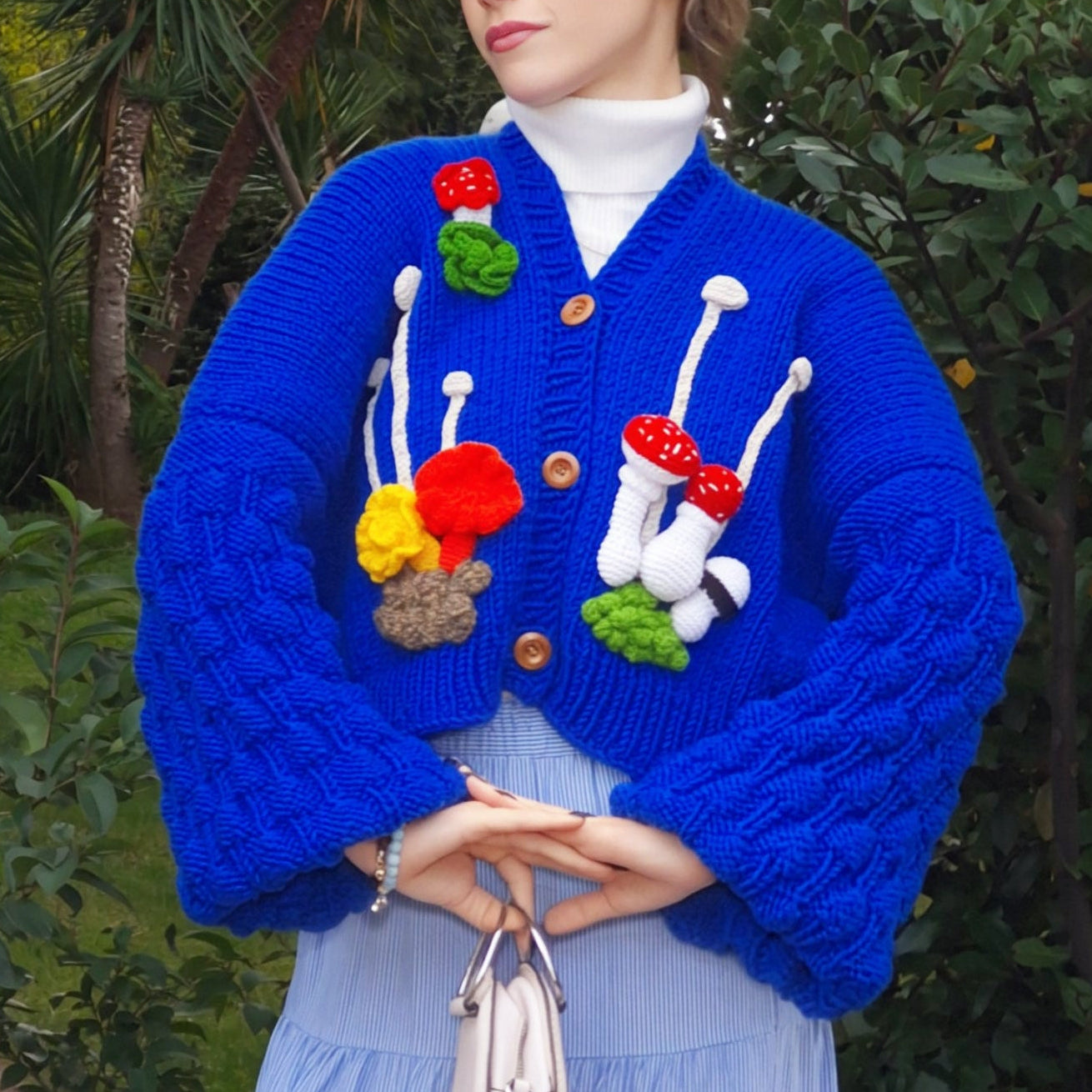 Chunky Blue Handknitted Cardigan with 3D Amigurumi Mushrooms & Moss – Oversized Soft Girl Knitwear, Cottagecore Crochet Pullover, Bobble Sleeves, Cozy Handmade Statement Sweater, Bright Vibrant Fashion Layering Piece