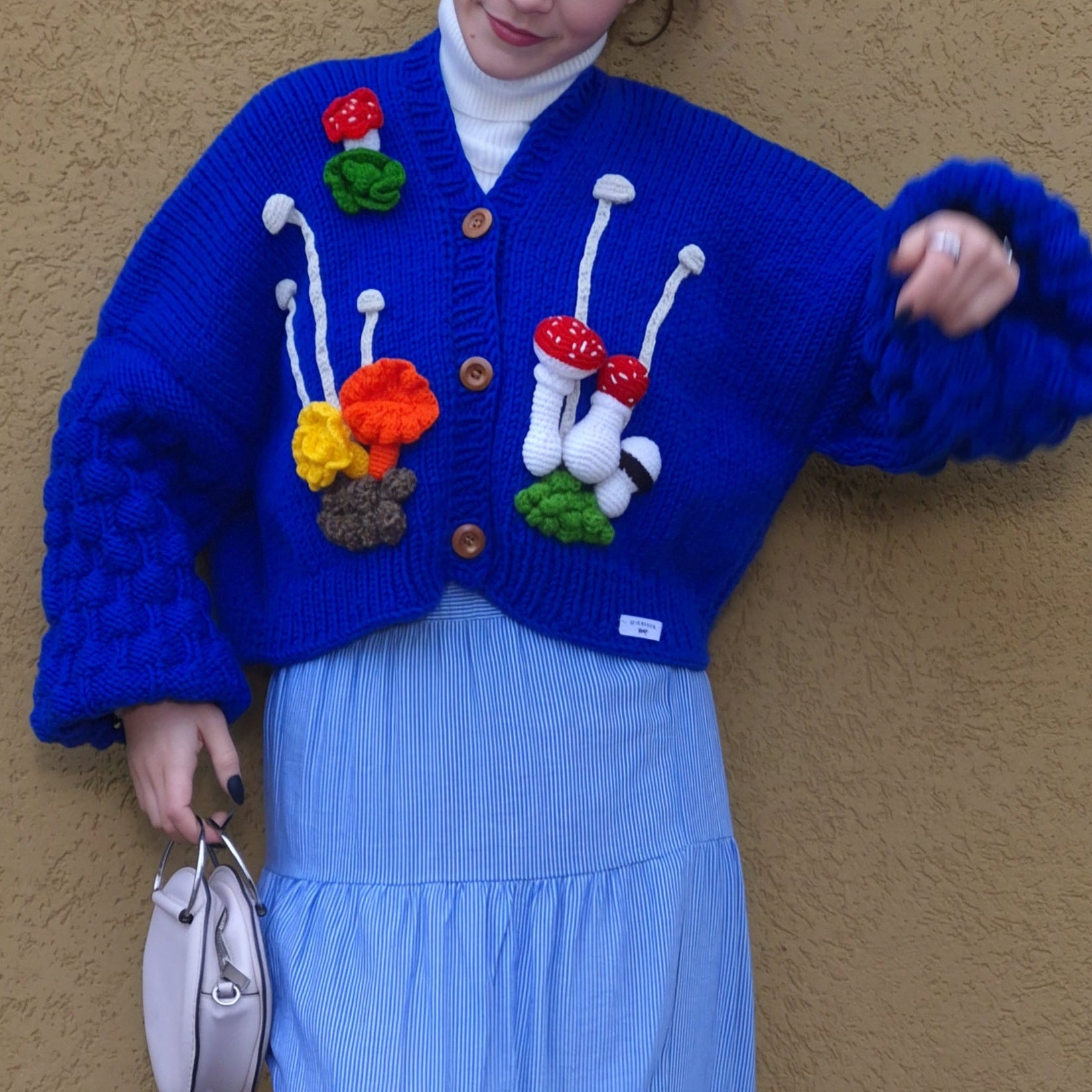 Chunky Blue Handknitted Cardigan with 3D Amigurumi Mushrooms & Moss – Oversized Soft Girl Knitwear, Cottagecore Crochet Pullover, Bobble Sleeves, Cozy Handmade Statement Sweater, Bright Vibrant Fashion Layering Piece