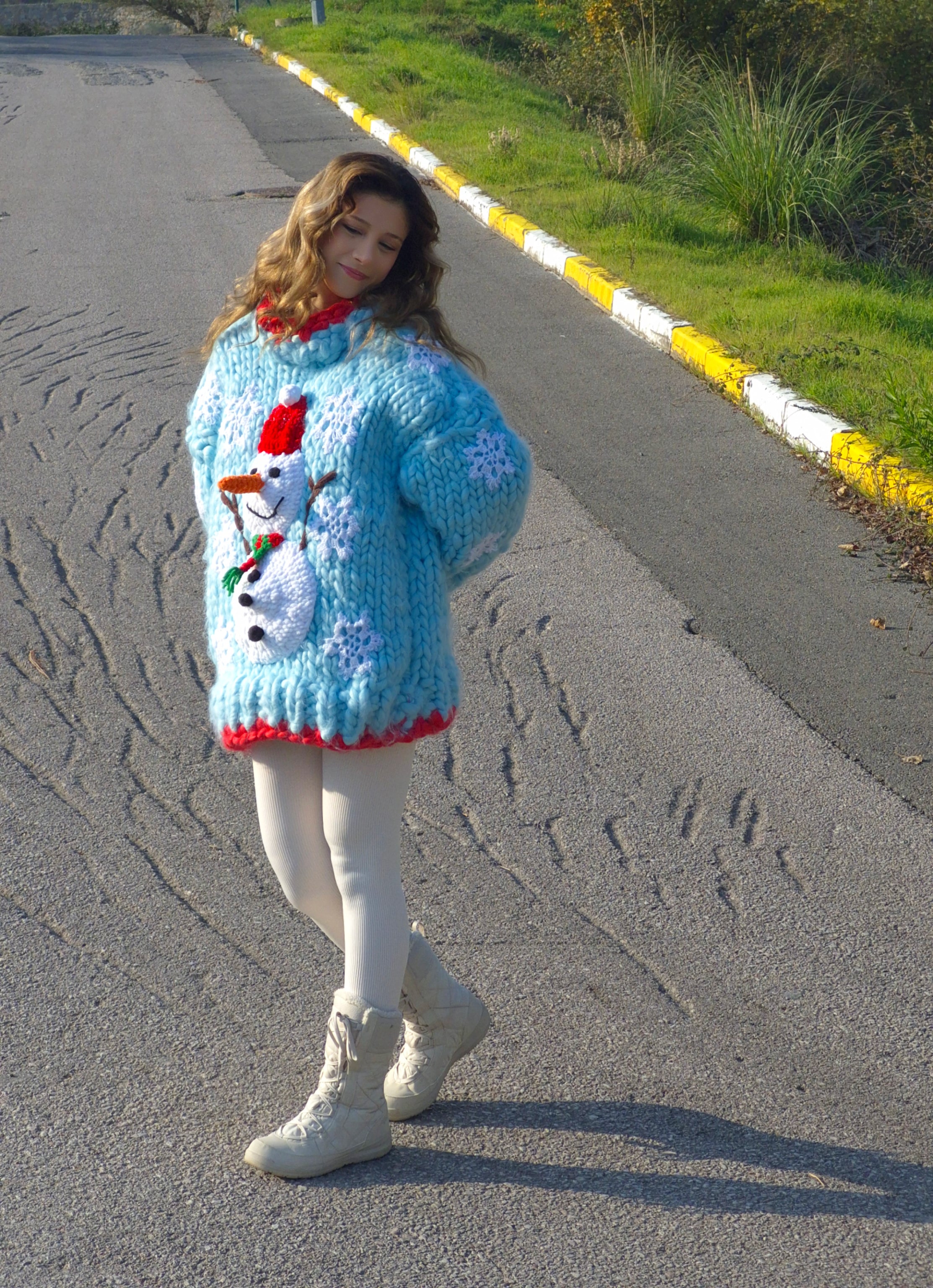 Handmade Blue Oversized Mega Chunky Knit Christmas Sweater with Plush Snowman Appliqué and Sparkly Crocheted Snowflakes