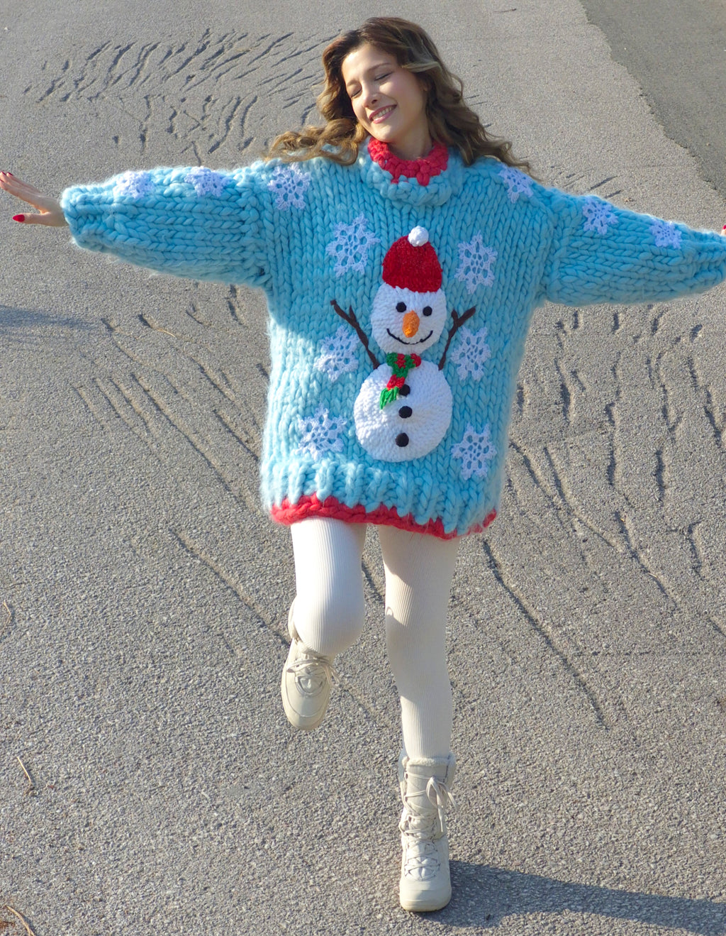 Handmade Blue Oversized Mega Chunky Knit Christmas Sweater with Plush Snowman Appliqué and Sparkly Crocheted Snowflakes
