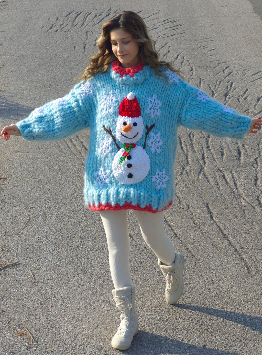 Handmade Blue Oversized Mega Chunky Knit Christmas Sweater with Plush Snowman Appliqué and Sparkly Crocheted Snowflakes