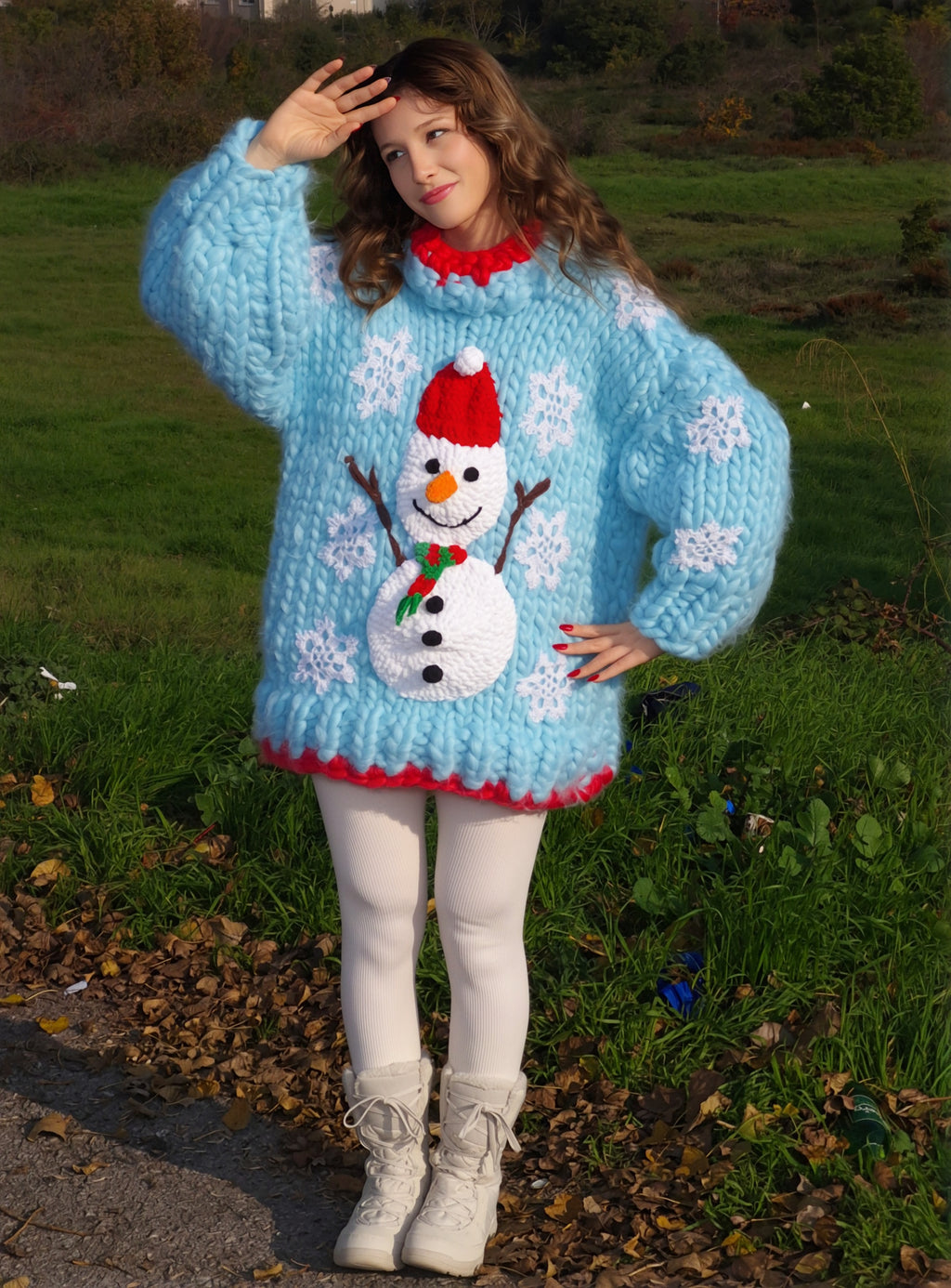 Handmade Blue Oversized Mega Chunky Knit Christmas Sweater with Plush Snowman Appliqué and Sparkly Crocheted Snowflakes
