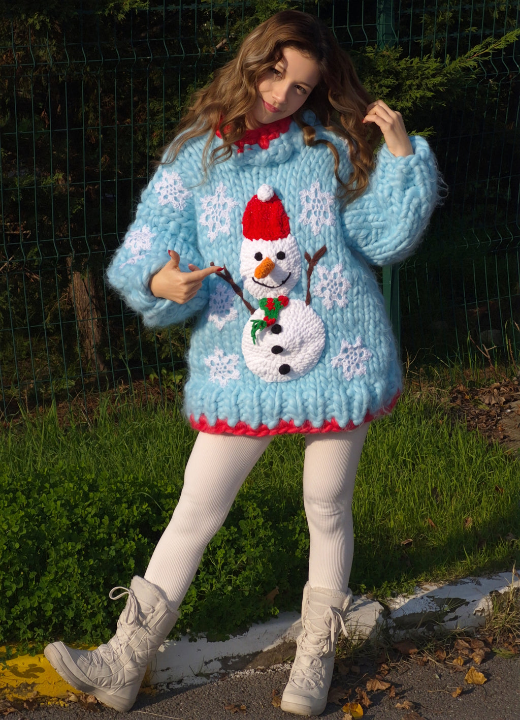 Handmade Blue Oversized Mega Chunky Knit Christmas Sweater with Plush Snowman Appliqué and Sparkly Crocheted Snowflakes