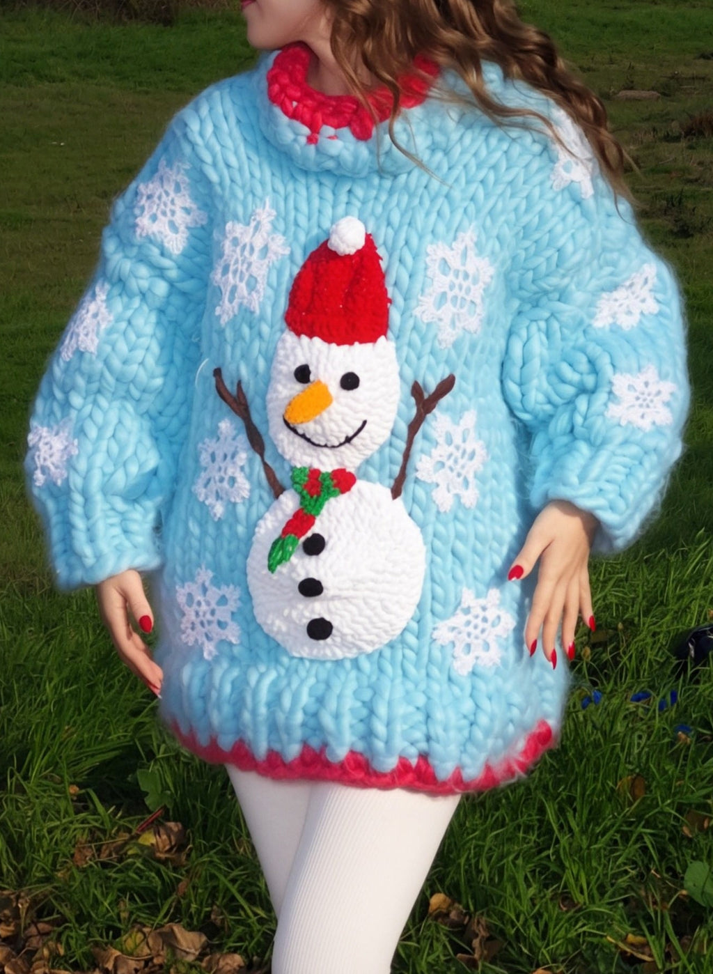 Handmade Blue Oversized Mega Chunky Knit Christmas Sweater with Plush Snowman Appliqué and Sparkly Crocheted Snowflakes