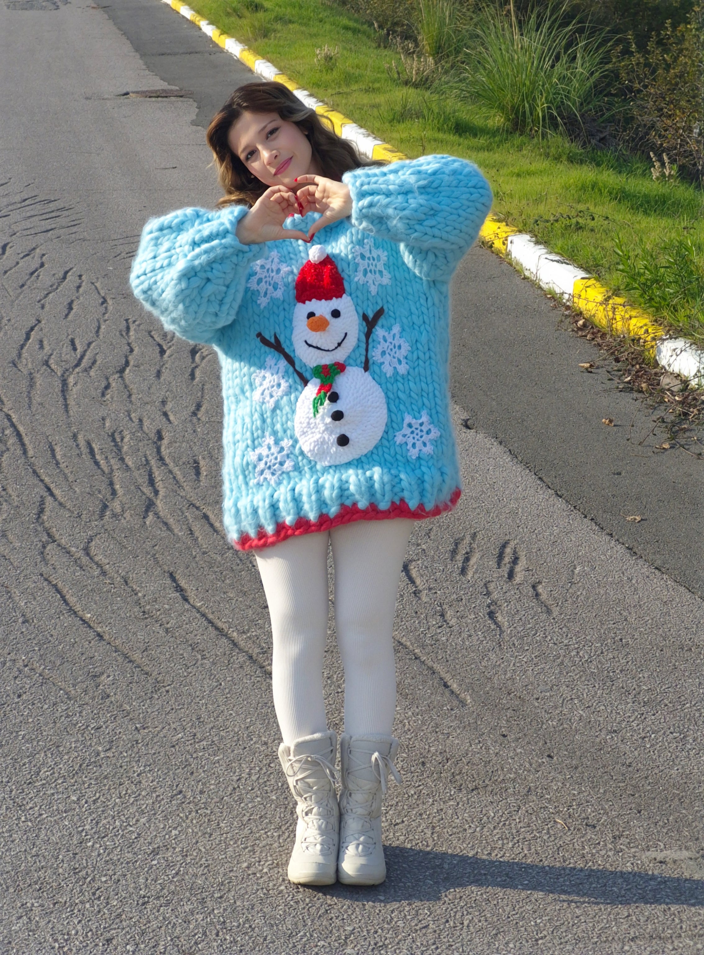 Handmade Blue Oversized Mega Chunky Knit Christmas Sweater with Plush Snowman Appliqué and Sparkly Crocheted Snowflakes