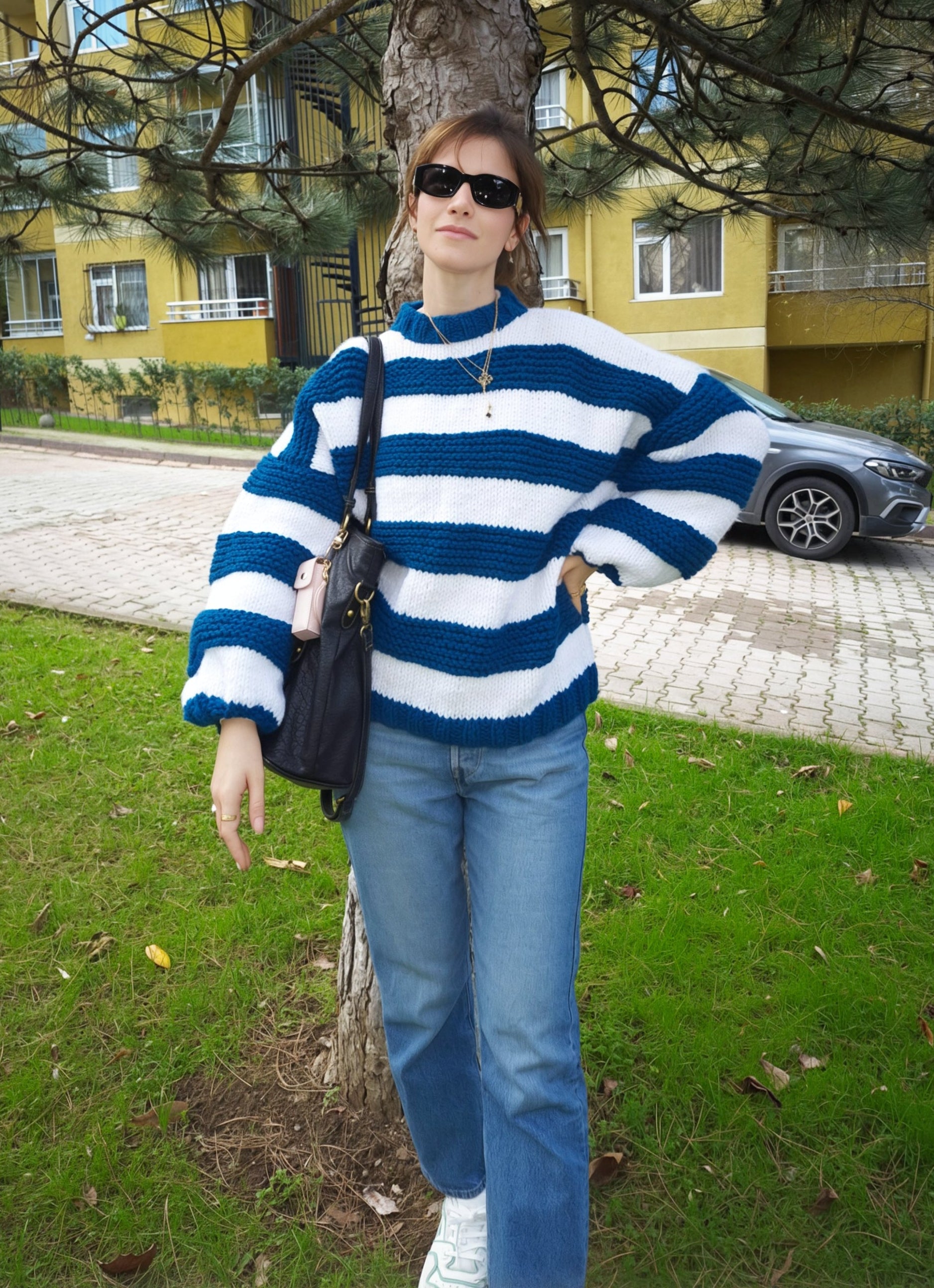 Handmade Extra Chunky Oversized “Cloud” Sweater with Bold Navy & White Stripes – MIRMIKA Hand-Knitted Mega Thick Yarn Knitwear, Puffy Balloon Sleeve Statement Sweater, Cozy Luxury Slow Fashion