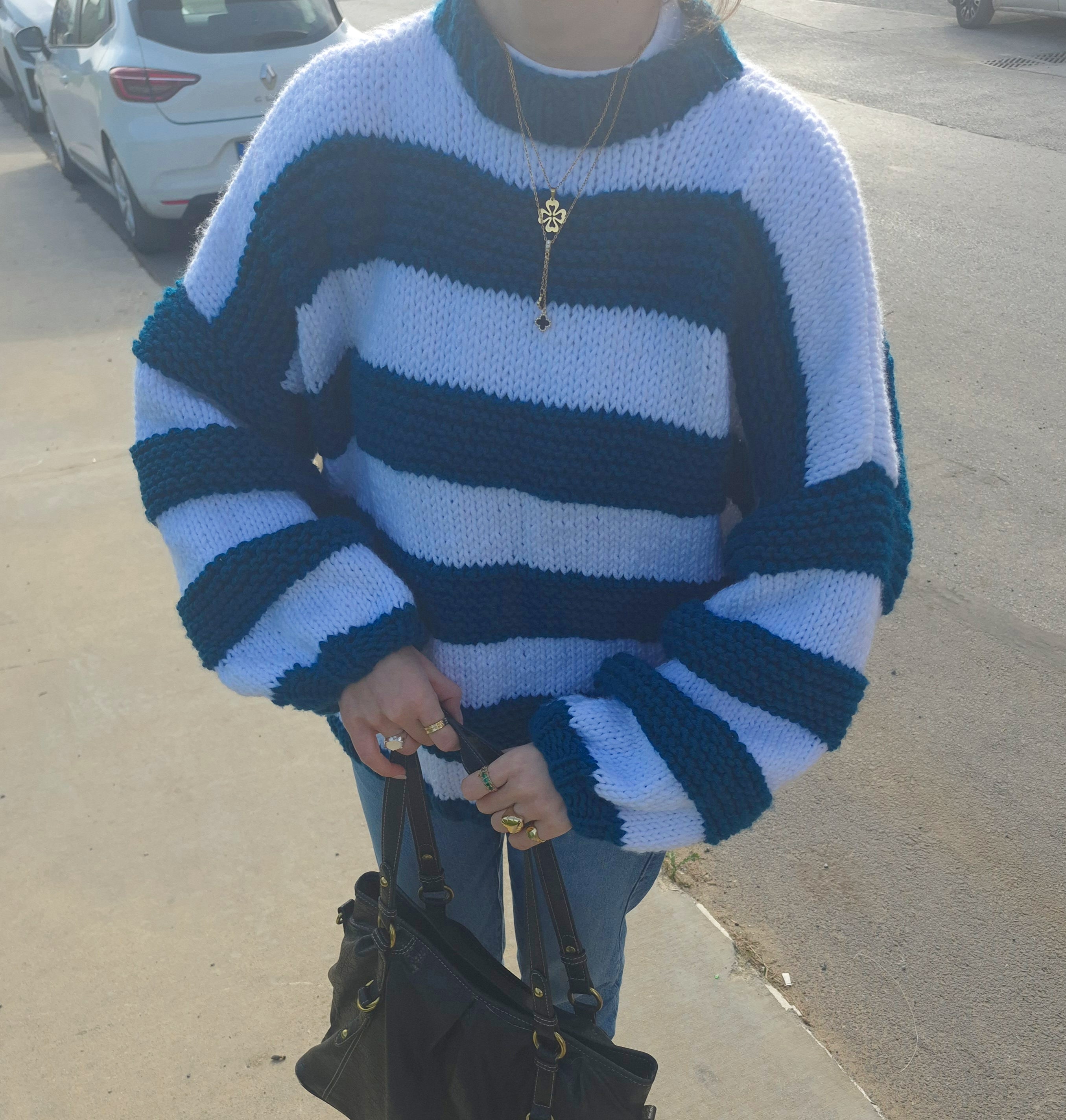 Handmade Extra Chunky Oversized “Cloud” Sweater with Bold Navy & White Stripes – MIRMIKA Hand-Knitted Mega Thick Yarn Knitwear, Puffy Balloon Sleeve Statement Sweater, Cozy Luxury Slow Fashion