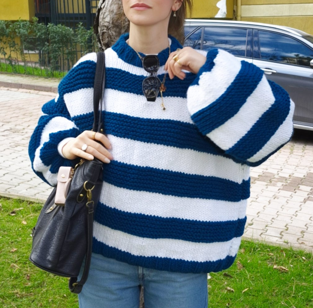 Handmade Extra Chunky Oversized “Cloud” Sweater with Bold Navy & White Stripes – MIRMIKA Hand-Knitted Mega Thick Yarn Knitwear, Puffy Balloon Sleeve Statement Sweater, Cozy Luxury Slow Fashion