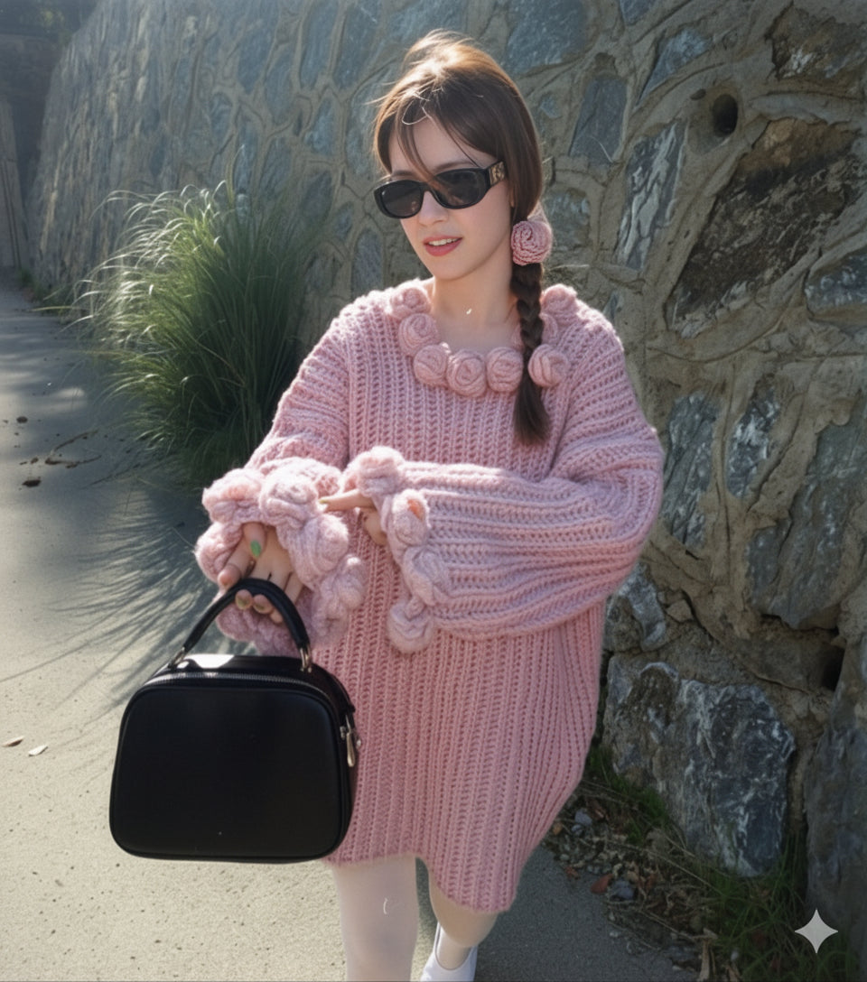 Chunky Crocheted Floral Sweater Dress with 3D Glitter Roses – Soft Oversized Blush Pink Hand-Crochet Dress, Feminine Soft Girl Knitwear, Cozy Long Sleeve Statement Sweater Dress for Winter Layering and Cute Outfits