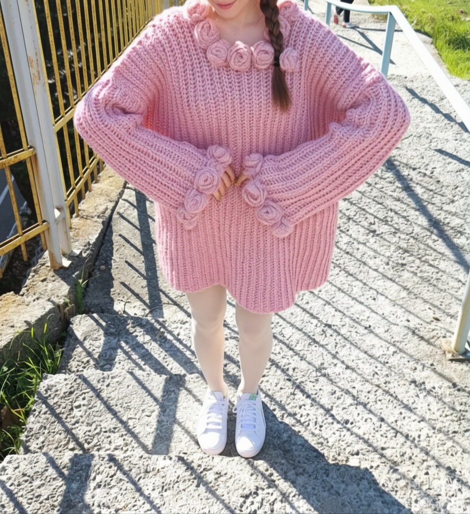 Chunky Crocheted Floral Sweater Dress with 3D Glitter Roses – Soft Oversized Blush Pink Hand-Crochet Dress, Feminine Soft Girl Knitwear, Cozy Long Sleeve Statement Sweater Dress for Winter Layering and Cute Outfits