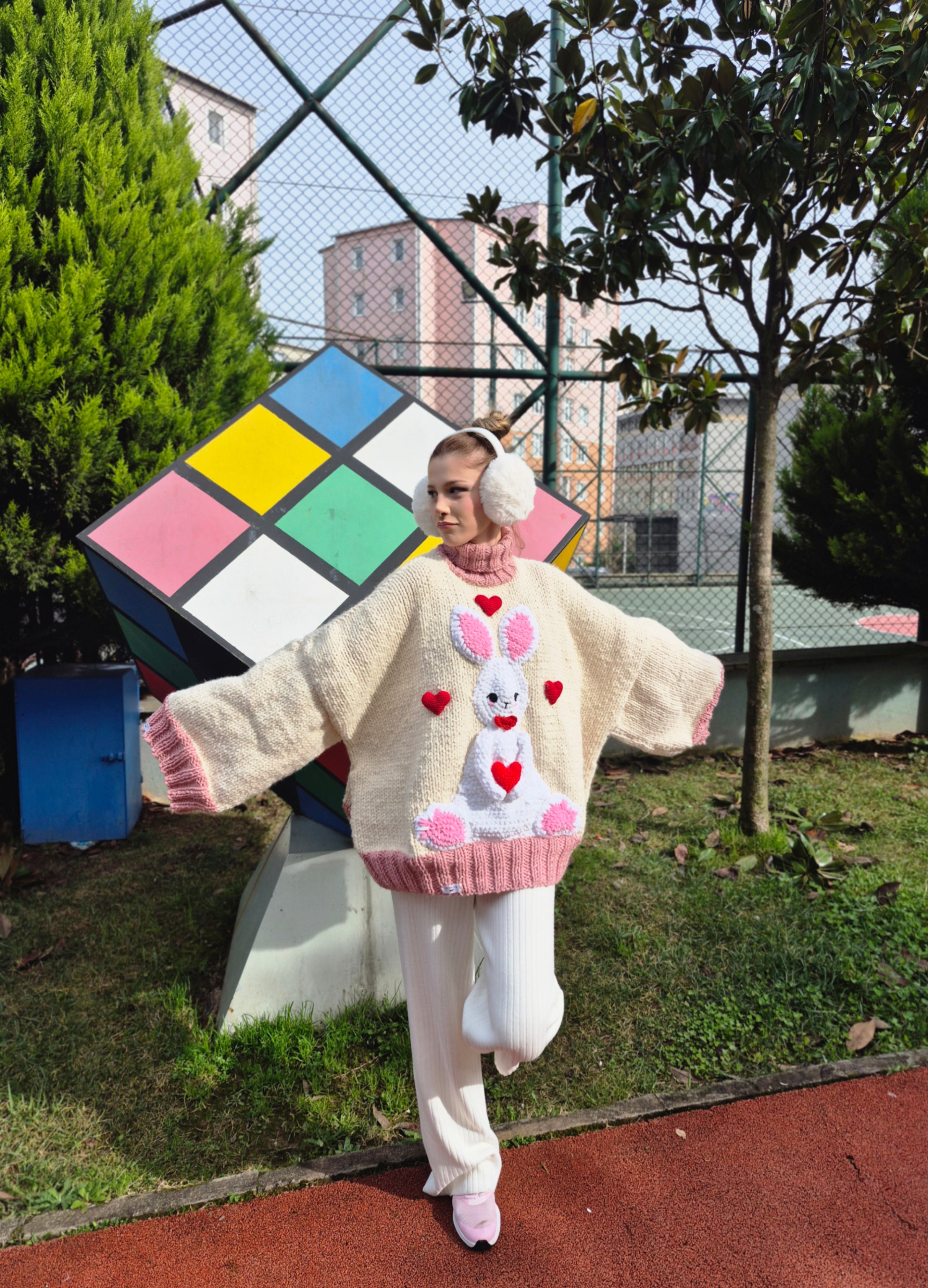 Cozy Oversized Wool-Blend Sweater with Plush Bunny Appliqué & Pink Ribbing – Soft Girly Turtleneck Knit, Long Winter Handmade Pullover for Cute Warm Outfits, Girly Cozy Fashion Statement