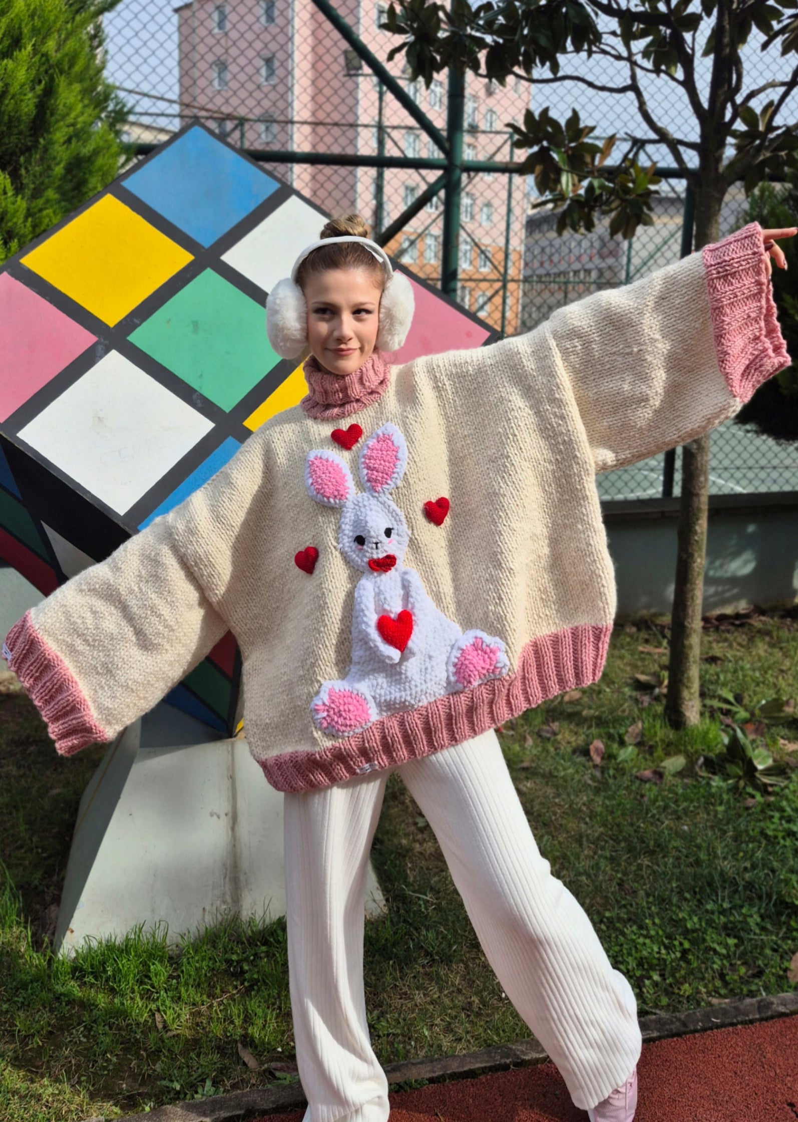 Cozy Oversized Wool-Blend Sweater with Plush Bunny Appliqué & Pink Ribbing – Soft Girly Turtleneck Knit, Long Winter Handmade Pullover for Cute Warm Outfits, Girly Cozy Fashion Statement