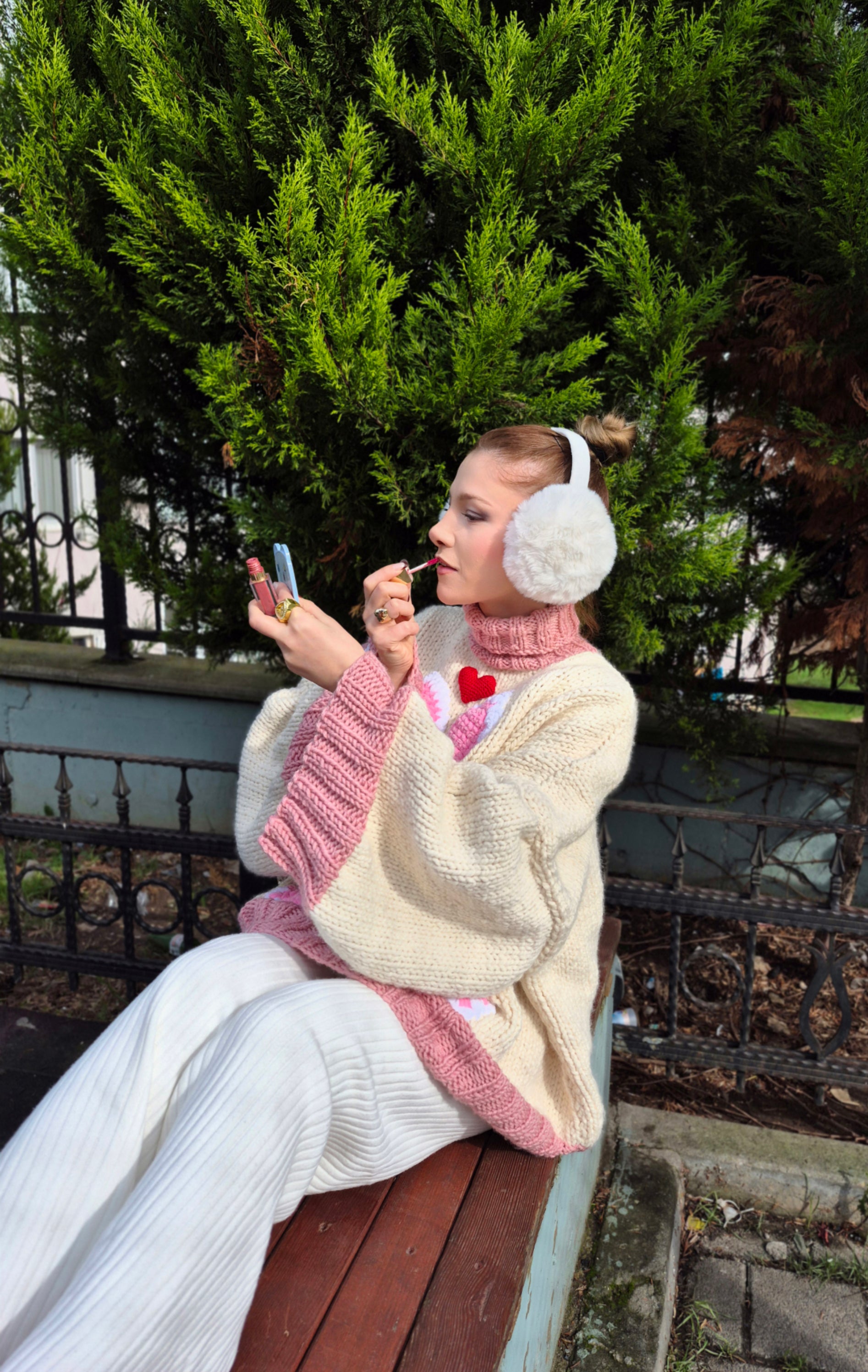 Cozy Oversized Wool-Blend Sweater with Plush Bunny Appliqué & Pink Ribbing – Soft Girly Turtleneck Knit, Long Winter Handmade Pullover for Cute Warm Outfits, Girly Cozy Fashion Statement