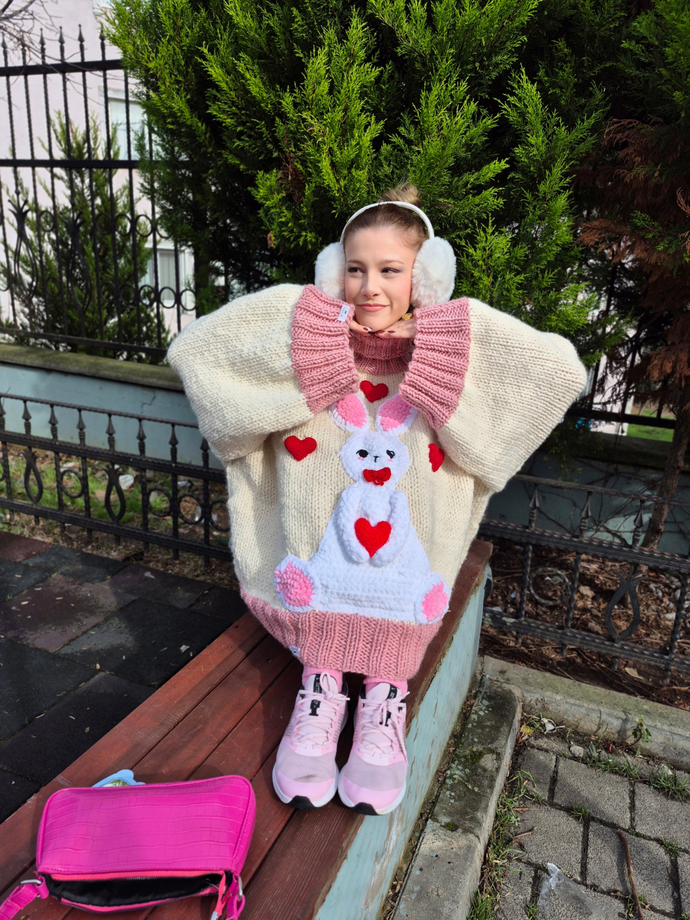 Cozy Oversized Wool-Blend Sweater with Plush Bunny Appliqué & Pink Ribbing – Soft Girly Turtleneck Knit, Long Winter Handmade Pullover for Cute Warm Outfits, Girly Cozy Fashion Statement