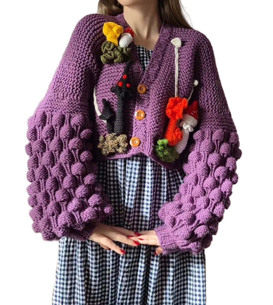 Chunky Purple Handknitted Cardigan with 3D Amigurumi Mushrooms and Moss,Bobble Sleeves
