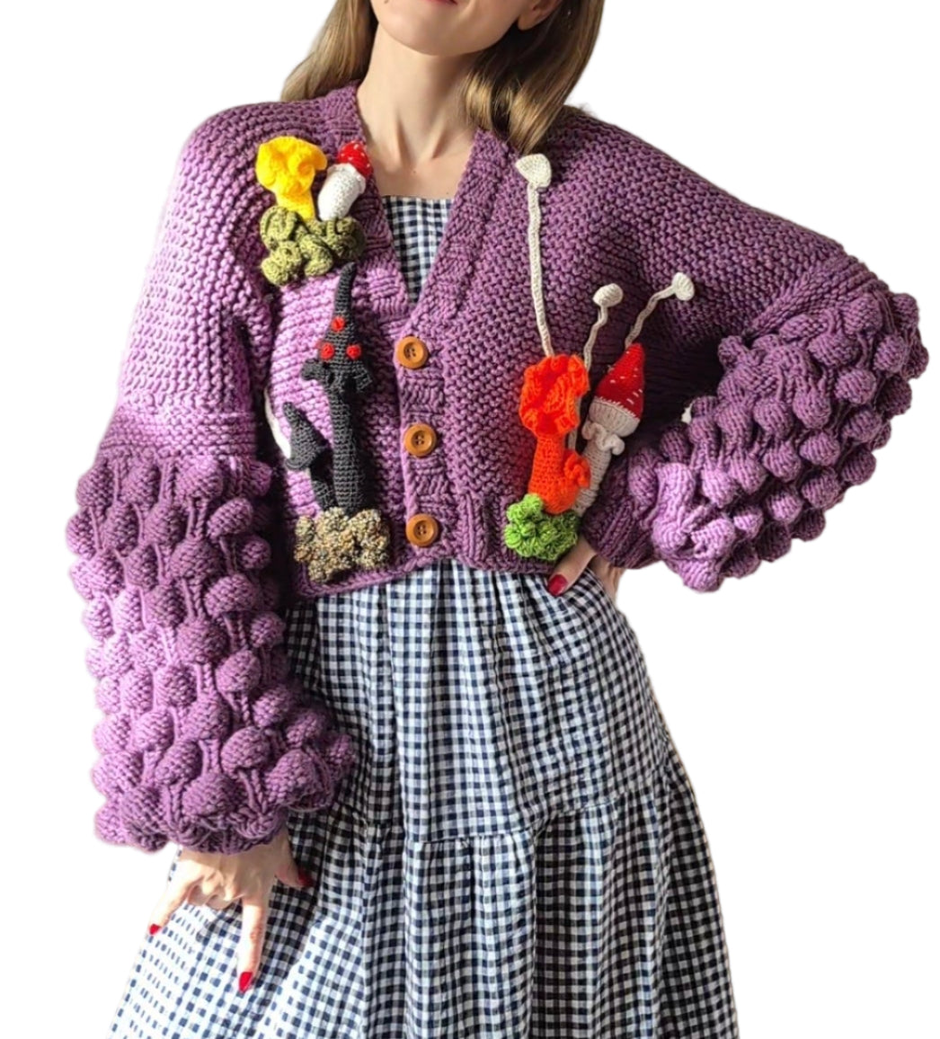 Chunky Purple Handknitted Cardigan with 3D Amigurumi Mushrooms and Moss,Bobble Sleeves