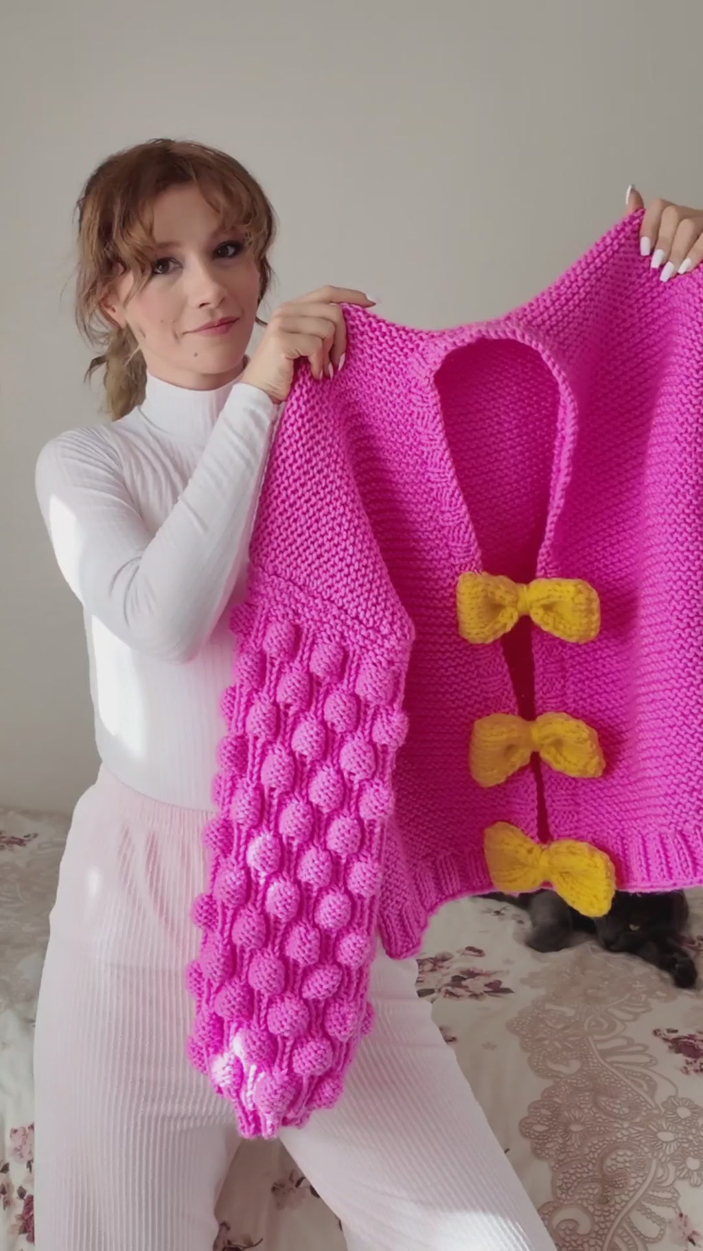 Hand-Knitted Pink Bobble-Sleeve Cardigan for Women | Chunky Popcorn Knit Jacket with Giant Yellow Bow Details | Cute Womens Sweater