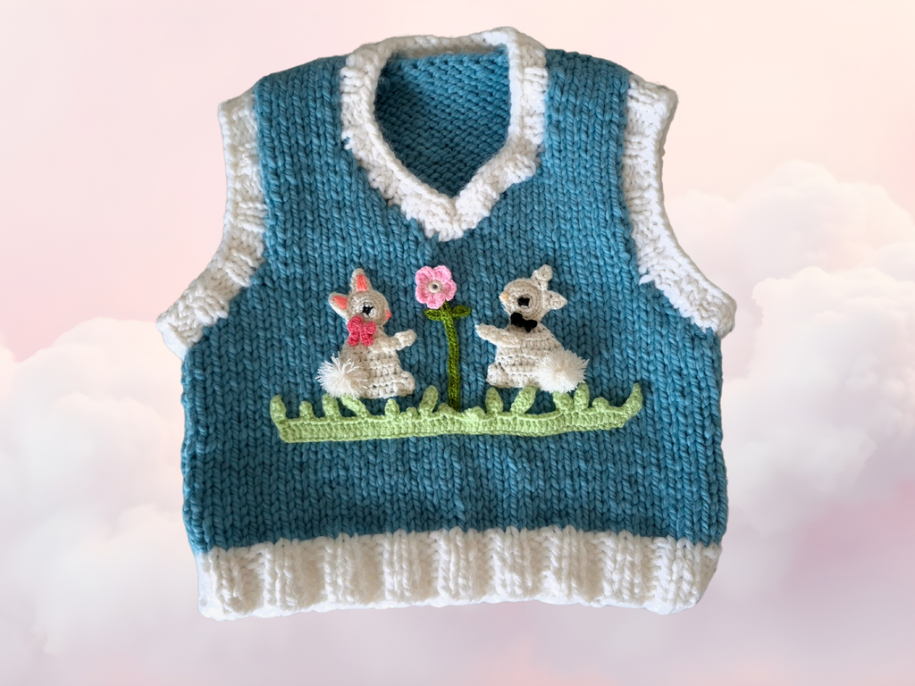 Handknitted Baby Blue & White Cropped Wool-Blend Vest with Bunny Appliqués – Cozy Handmade Knitwear, Soft Girl Girly Crochet Pullover, Bunnycore Croquette Vest, Oversized Layering Knit, Artisan Handmade Soft Knit