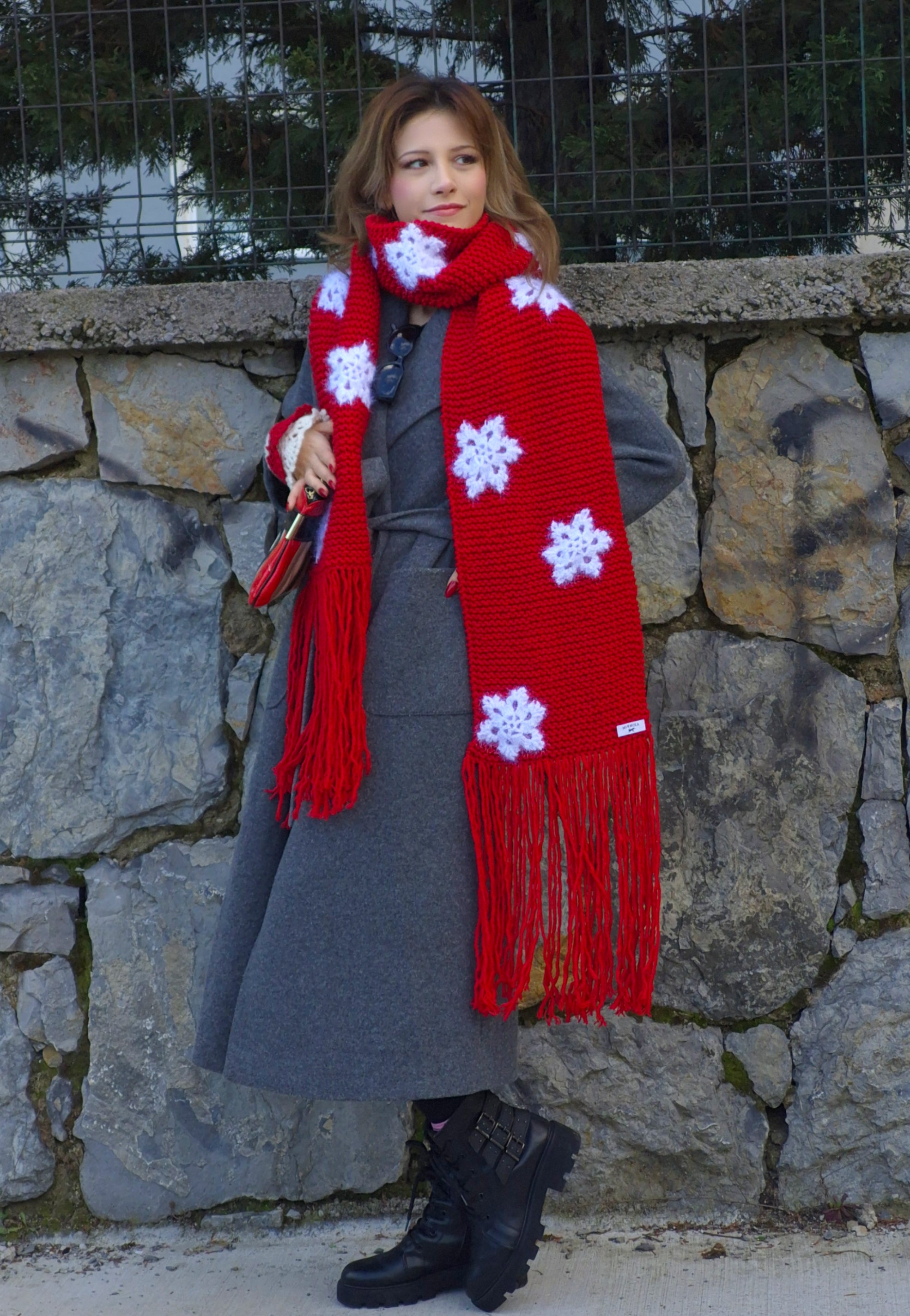 Hand Knitted Oversized Red Winter Scarf with Sparkly Crocheted Snowflake Appliqués and Victorian Inspired Red and White Crocheted Hand Cuffs – Romantic Handmade Winter Accessories Set, Unique Statement Cold Weather Fashion