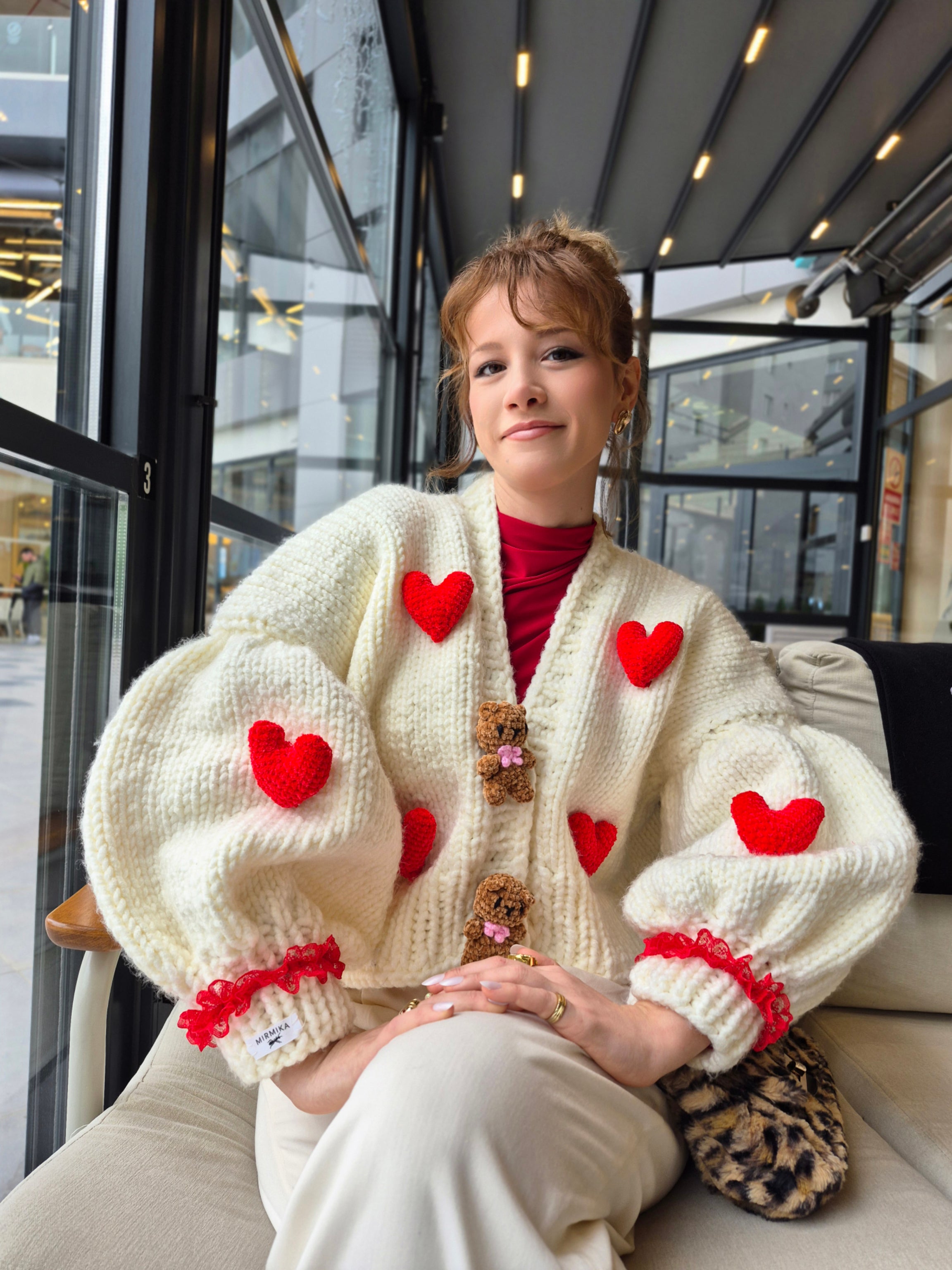 Valentine’s Day Special Handcrafted Oversized Knit Sweater with Amigurumi Teddy Bear Appliqués, Bold Red Heart Details, and Cloud-Soft Puffy Balloon Sleeves Teddy Love