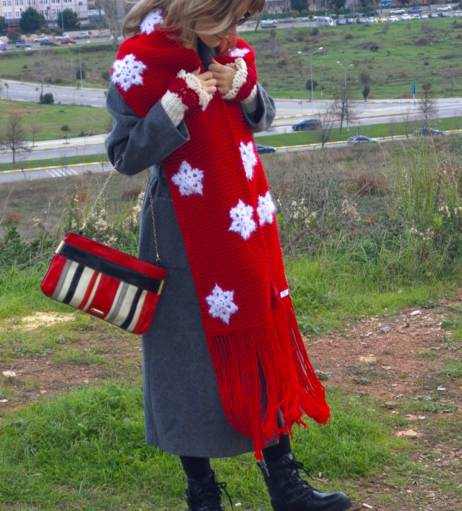 Hand Knitted Oversized Red Winter Scarf with Sparkly Crocheted Snowflake Appliqués and Victorian Inspired Red and White Crocheted Hand Cuffs – Romantic Handmade Winter Accessories Set, Unique Statement Cold Weather Fashion