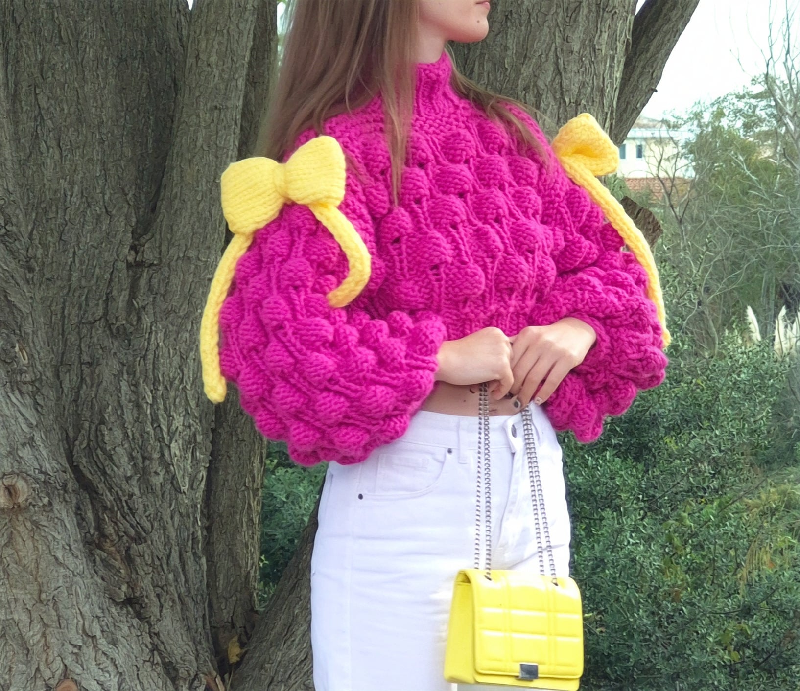 Candy Bow Top – Hand-Knitted Chunky Sweater with Fuchsia Bubbles & Oversized Yellow Bows | Soft Girl Knitwear, Pastel Aesthetic, Cottagecore, Kawaii Fashion, Cozy Handmade Pullover, Oversized Knit, Bobble Stitch, Pink Fuchsia Sweater