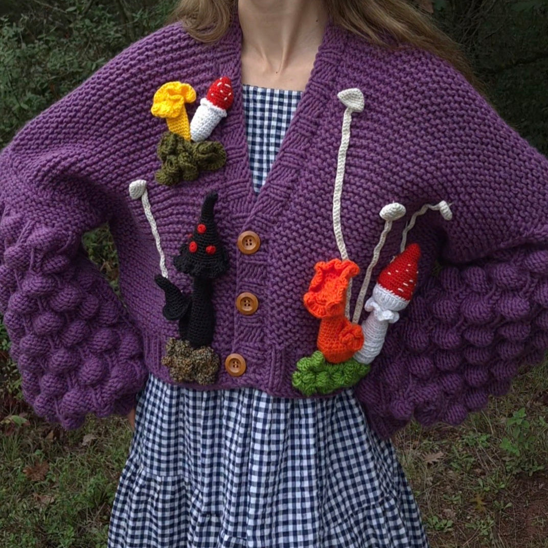 Chunky Purple Handknitted Cardigan with 3D Amigurumi Mushrooms and Moss,Bobble Sleeves