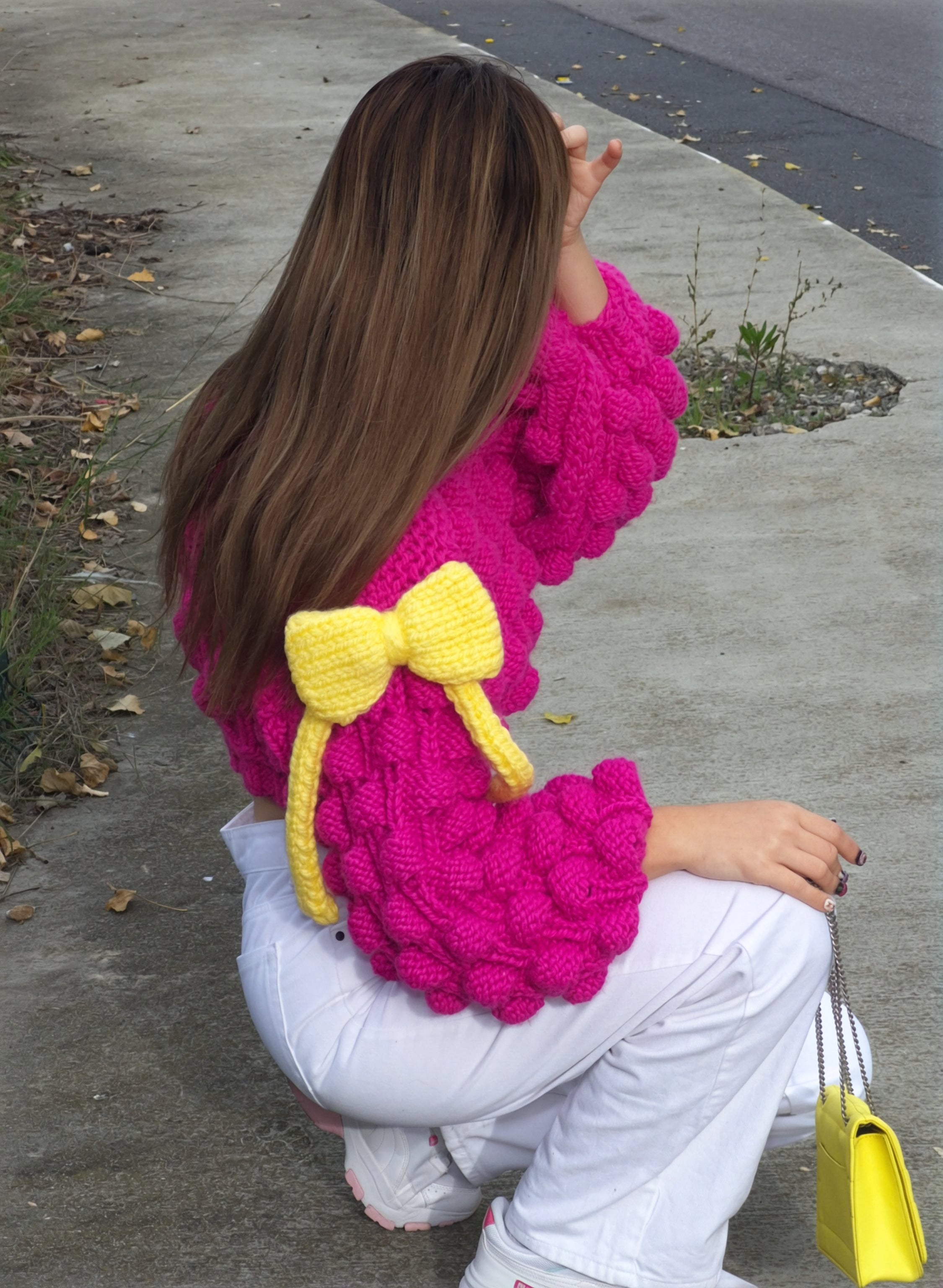 Candy Bow Top – Hand-Knitted Chunky Sweater with Fuchsia Bubbles & Oversized Yellow Bows | Soft Girl Knitwear, Pastel Aesthetic, Cottagecore, Kawaii Fashion, Cozy Handmade Pullover, Oversized Knit, Bobble Stitch, Pink Fuchsia Sweater