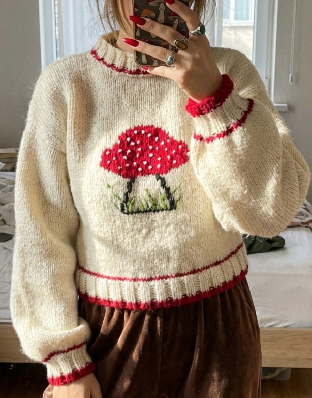 Whimsical Cottagecore Handknit Sweater with Mushroom Embroidery – Soft Ecru Wool-Blend Knit, Lightweight Handmade Pullover, Cozy Layering Sweater for Cute Pastel Fashion, Nature-Inspired Knitwear
