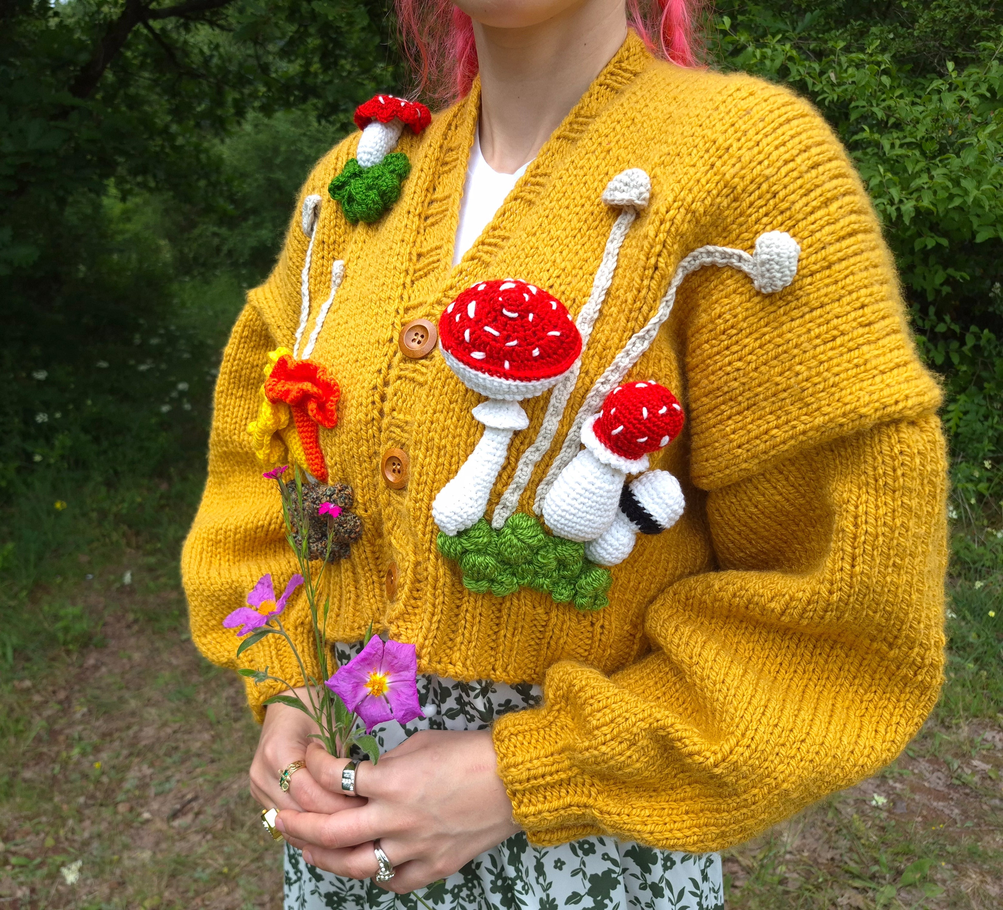 Cottagecore Chunky Mustard Handknitted Cardigan with 3D Amigurumi Mushrooms & Moss – Oversized Soft Girl Knitwear, Handmade Crochet Pullover, Bobble Sleeve Artisan Knit, Cozy Forest-Inspired Sweater, Gift for Her