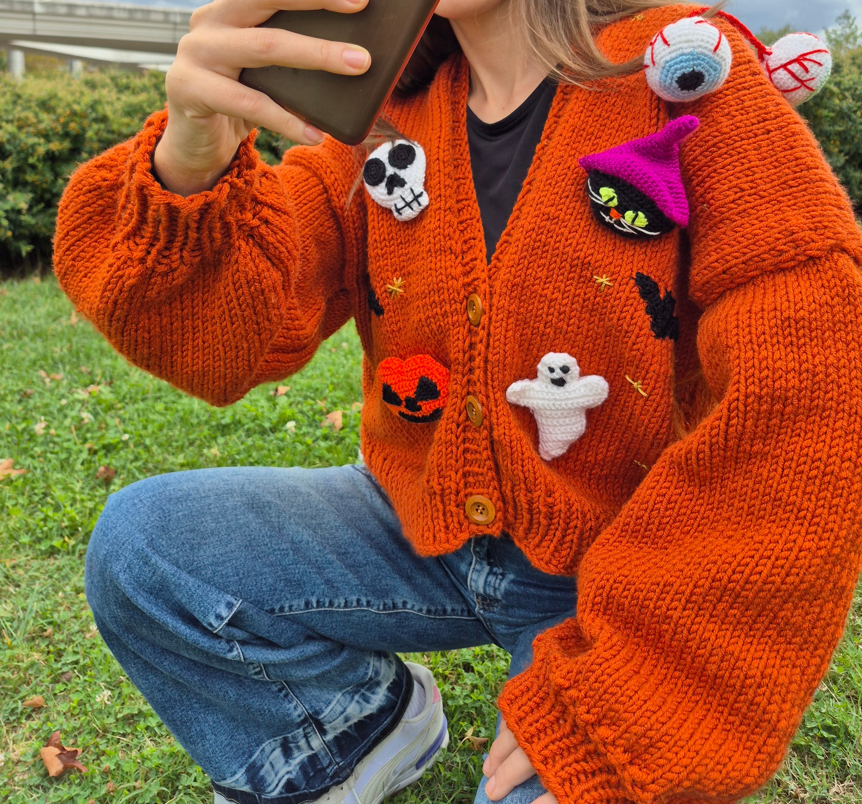Handknitted, Chunky&Cozy Brick Cardigan with Halloween Appliques