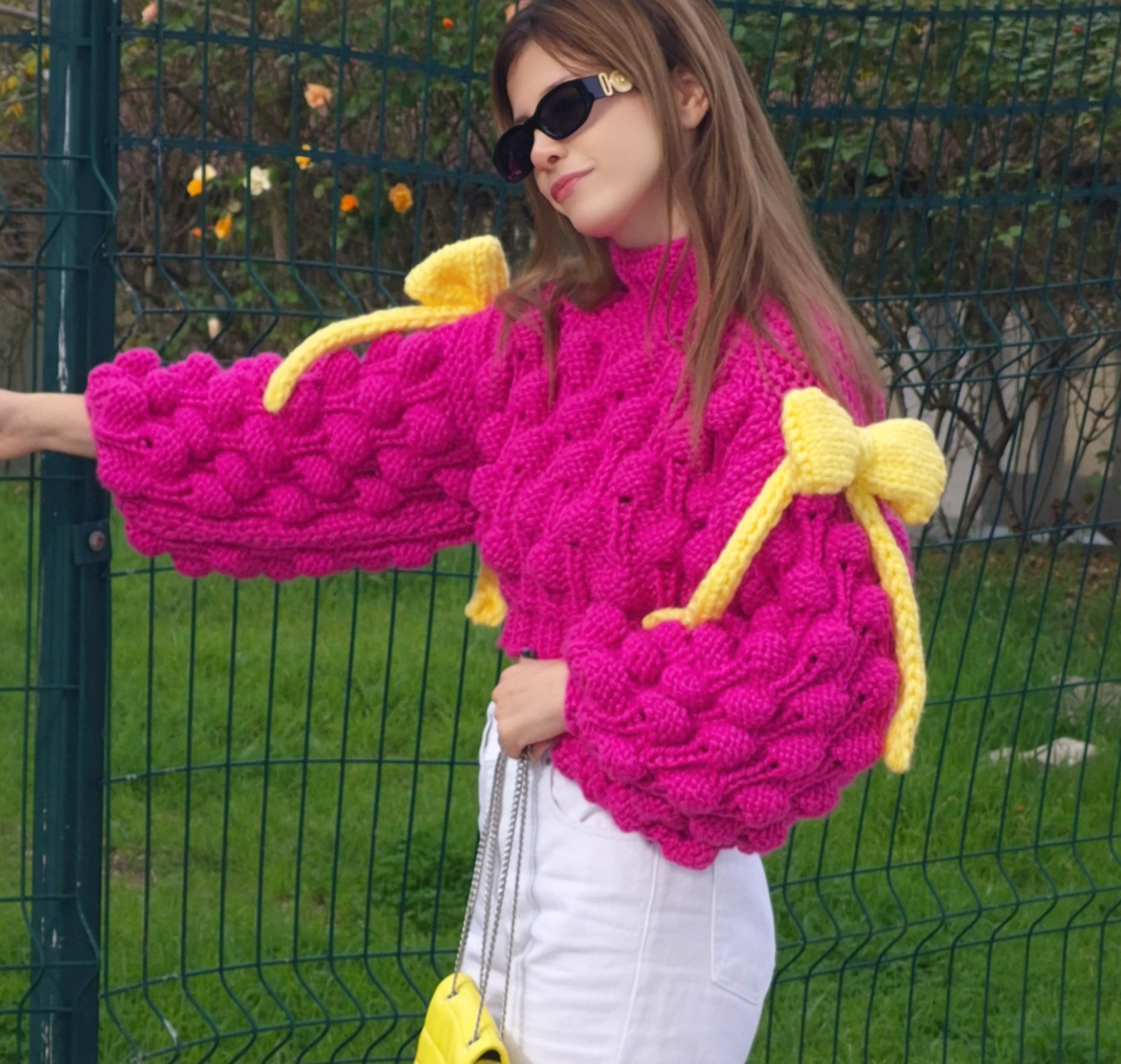 Candy Bow Top – Hand-Knitted Chunky Sweater with Fuchsia Bubbles & Oversized Yellow Bows | Soft Girl Knitwear, Pastel Aesthetic, Cottagecore, Kawaii Fashion, Cozy Handmade Pullover, Oversized Knit, Bobble Stitch, Pink Fuchsia Sweater