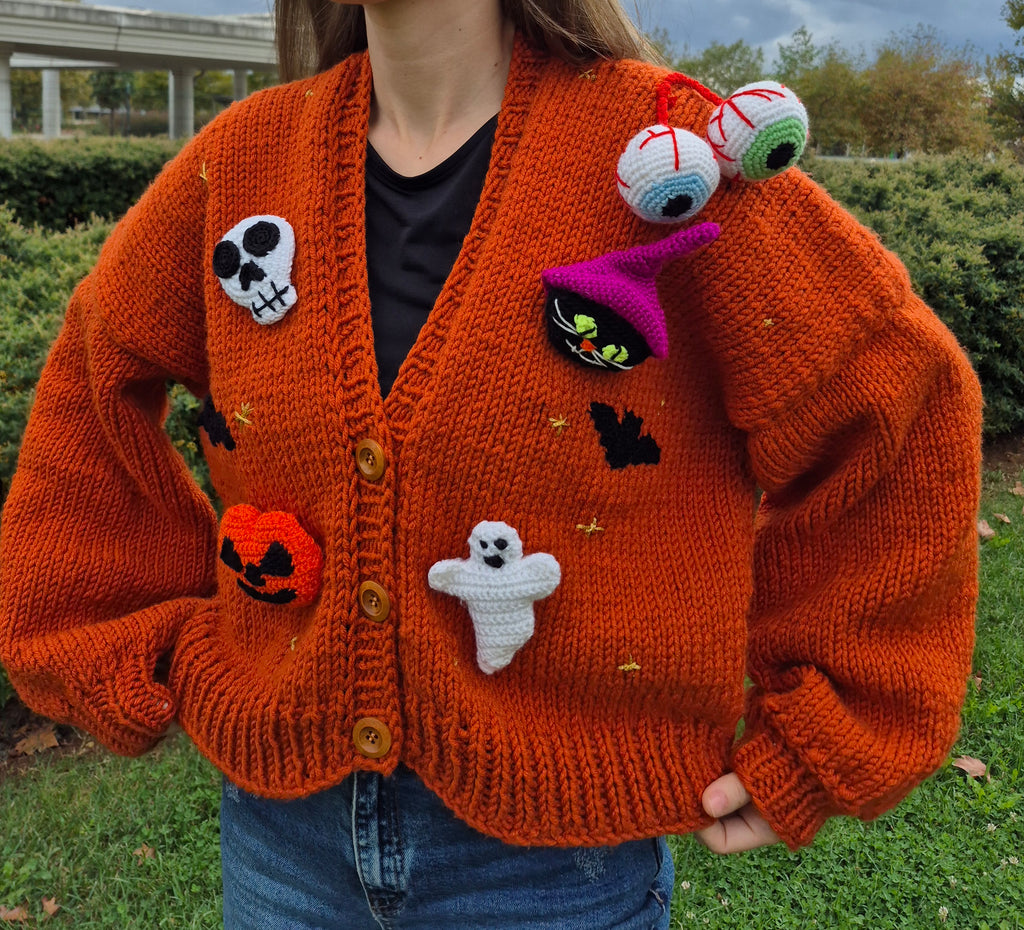 Handknitted, Chunky&Cozy Brick Cardigan with Halloween Appliques