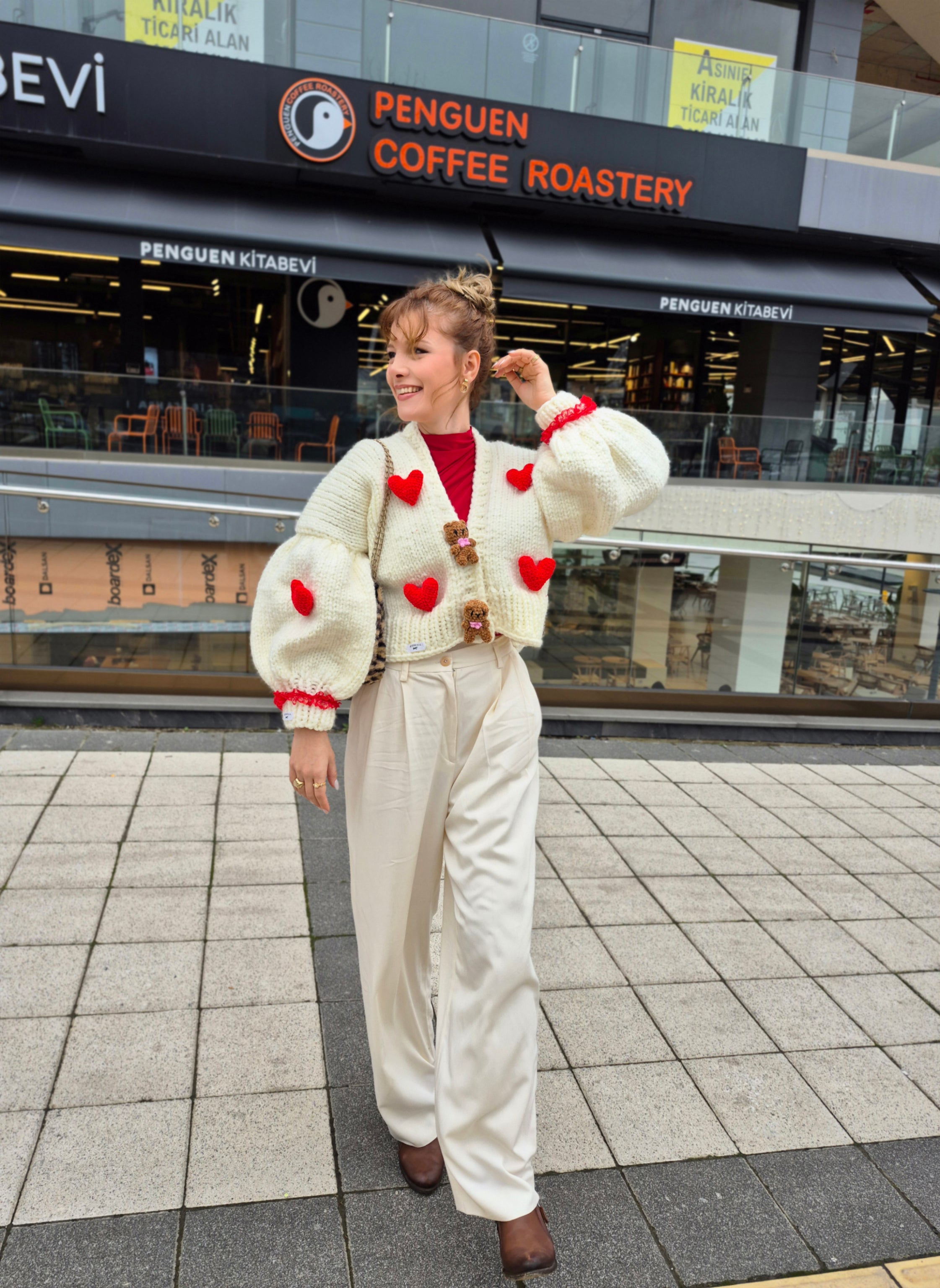 Valentine’s Day Special Handcrafted Oversized Knit Sweater with Amigurumi Teddy Bear Appliqués, Bold Red Heart Details, and Cloud-Soft Puffy Balloon Sleeves Teddy Love