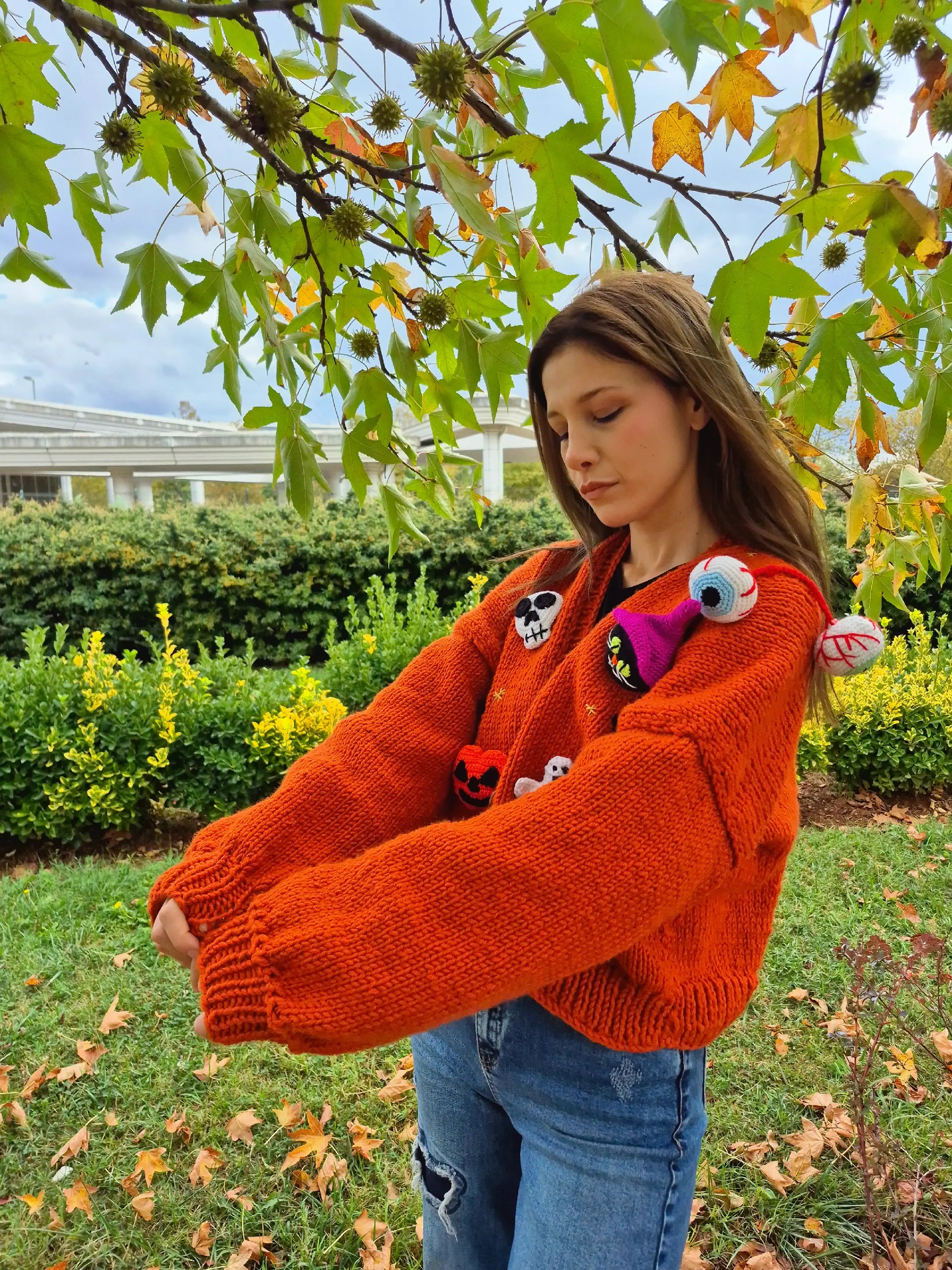 Handknitted, Chunky&Cozy Brick Cardigan with Halloween Appliques