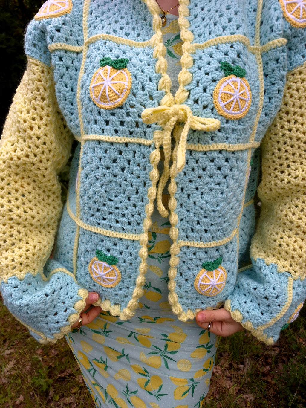 Chunky Crocheted Mint Green & Pastel Yellow Cardigan with Lemon Appliqués – Handmade Soft Girl Knitwear, Whimsical Crochet Pullover, Cozy Oversized Sweater, Artisan Crochet Top for Cottagecore, Bright Vibrant Fashion & Gifts